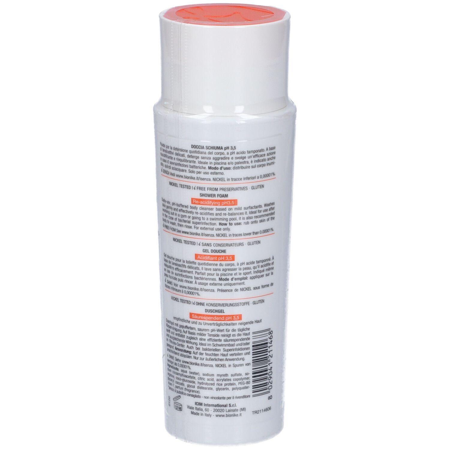 Rückansicht einer weißen Flasche mit orangefarbenem Deckel. Text in mehreren Sprachen. Marke: BioNike.