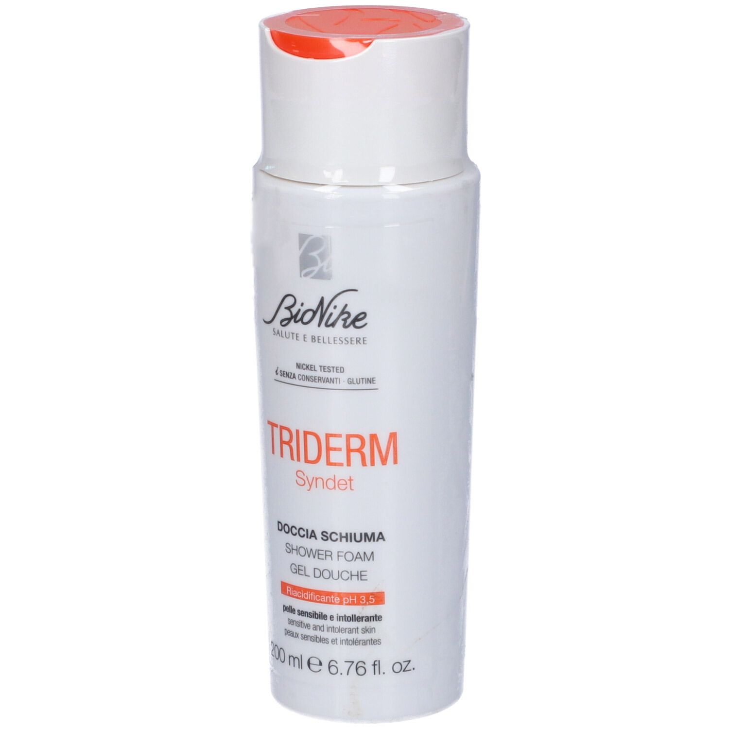 Weiße Flasche mit orangefarbenem Deckel. Aufschrift: Triderm Syndet, Duschgel, pH 5.5. Marke: BioNike.