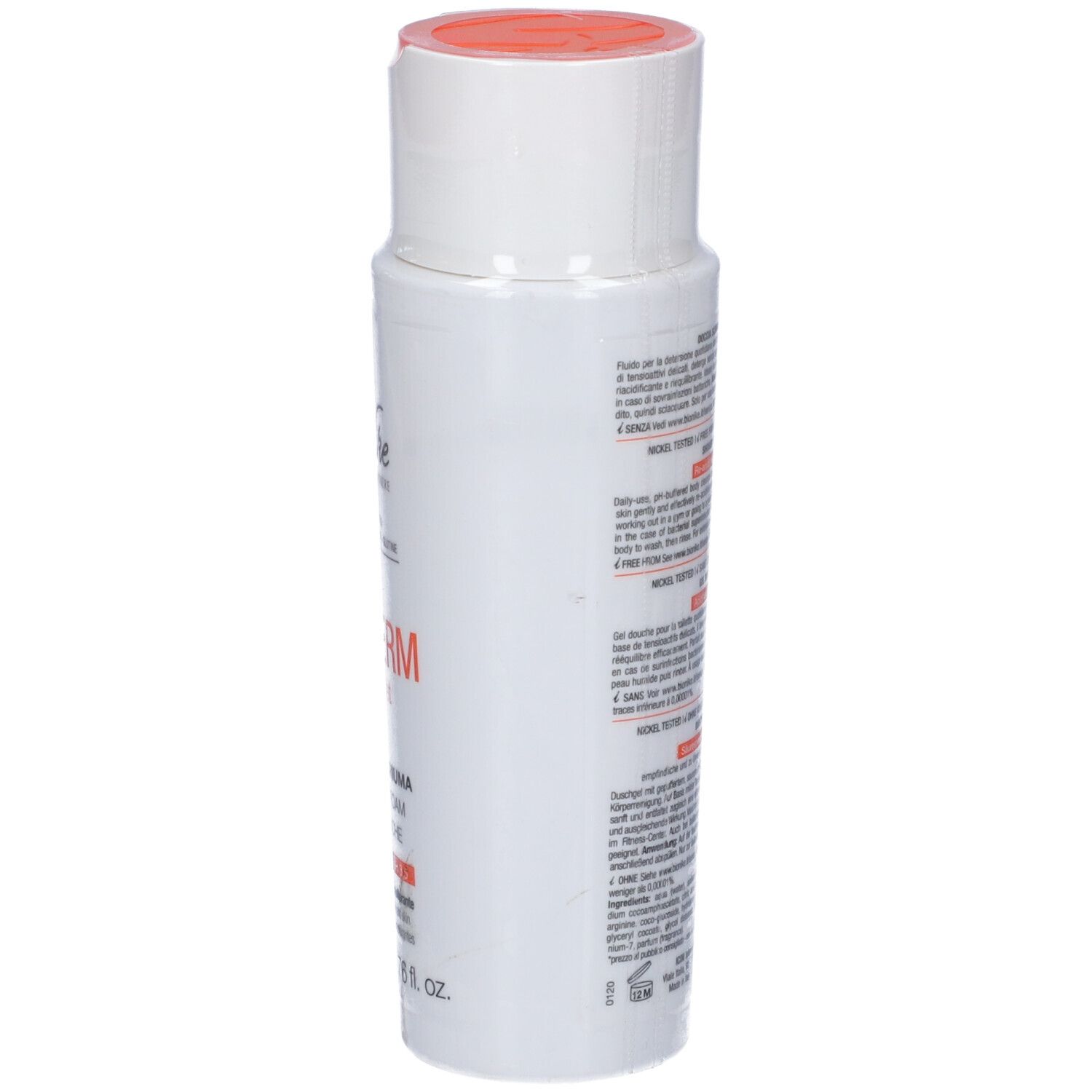 Weiße Flasche mit orangefarbenem Deckel. Aufschrift: Triderm Syndet, Duschgel. Rückseite mit Text.