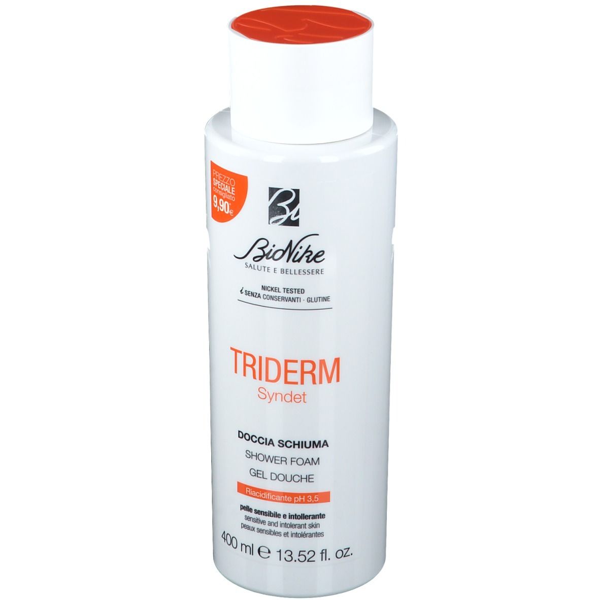 Weiße Flasche mit orangefarbenem Deckel. Aufschrift: BioNike Triderm Syndet, Duschschaum, pH 3,5. 400 ml.