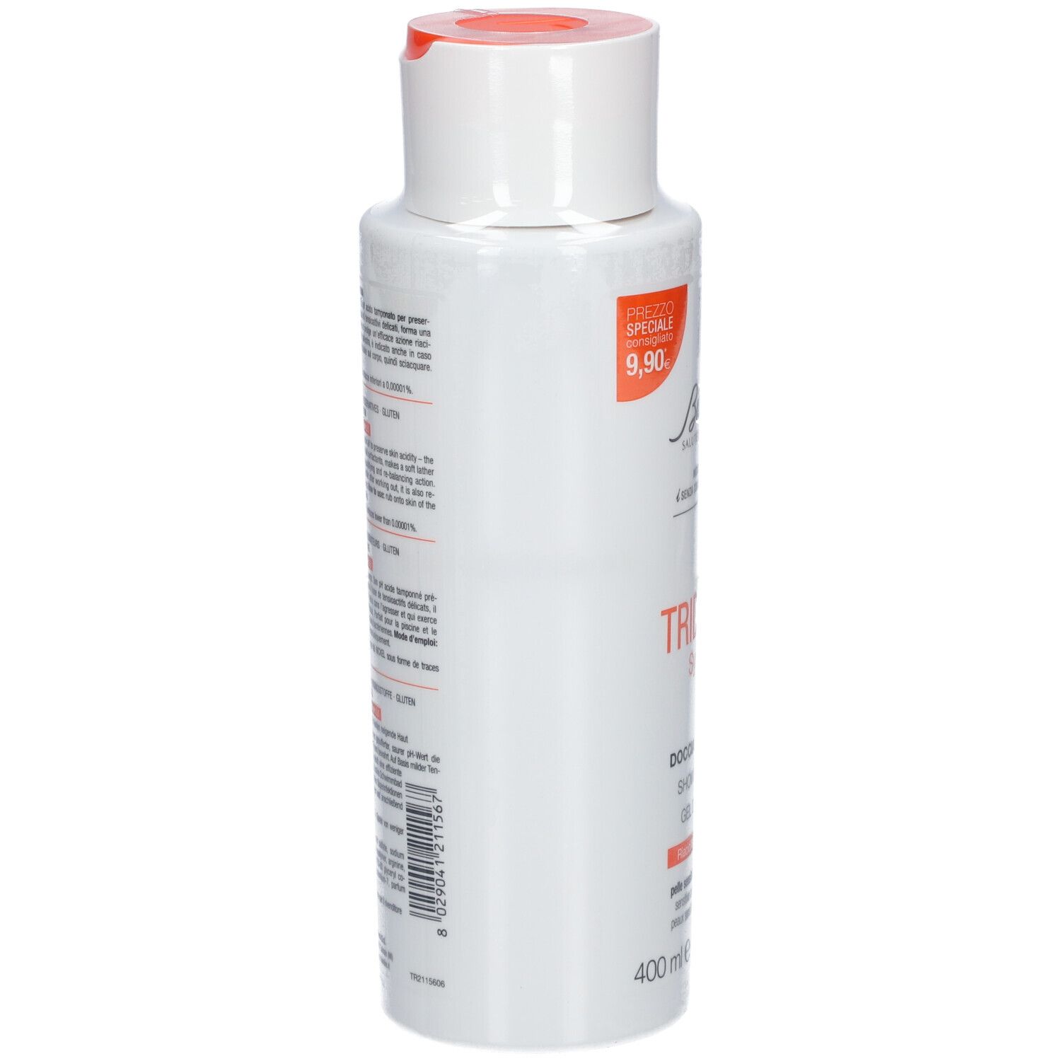 Weiße Flasche mit orangefarbenem Deckel. Text auf der Rückseite. 400 ml.