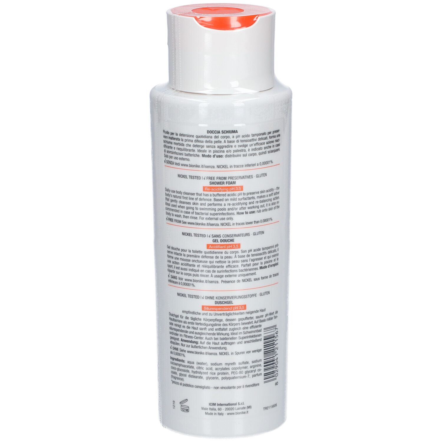 Rückseite der weißen Flasche mit orangefarbenem Deckel. Text. 400 ml.