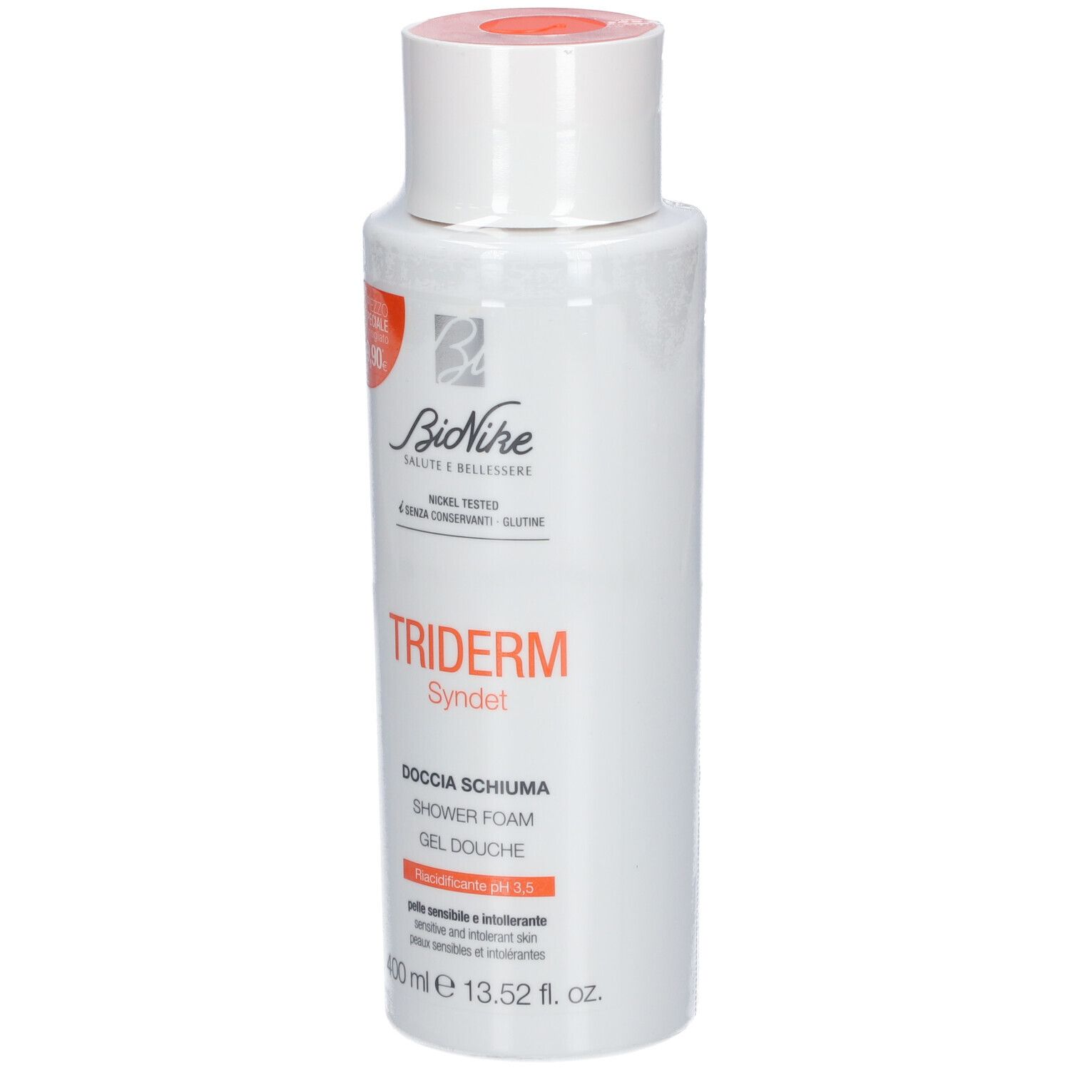 Weiße Flasche mit orangefarbenem Deckel. Aufschrift: BioNike Triderm Syndet, Duschschaum, pH 3,5. 400 ml.