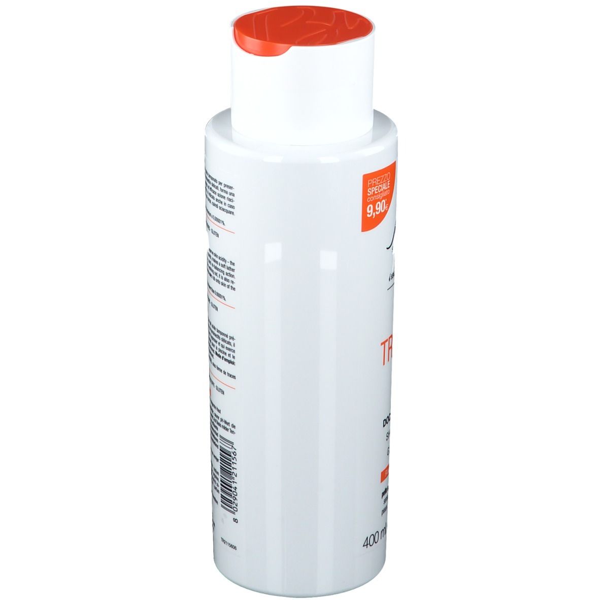 Weiße Flasche mit orangefarbenem Deckel. Text auf der Rückseite. 400 ml.