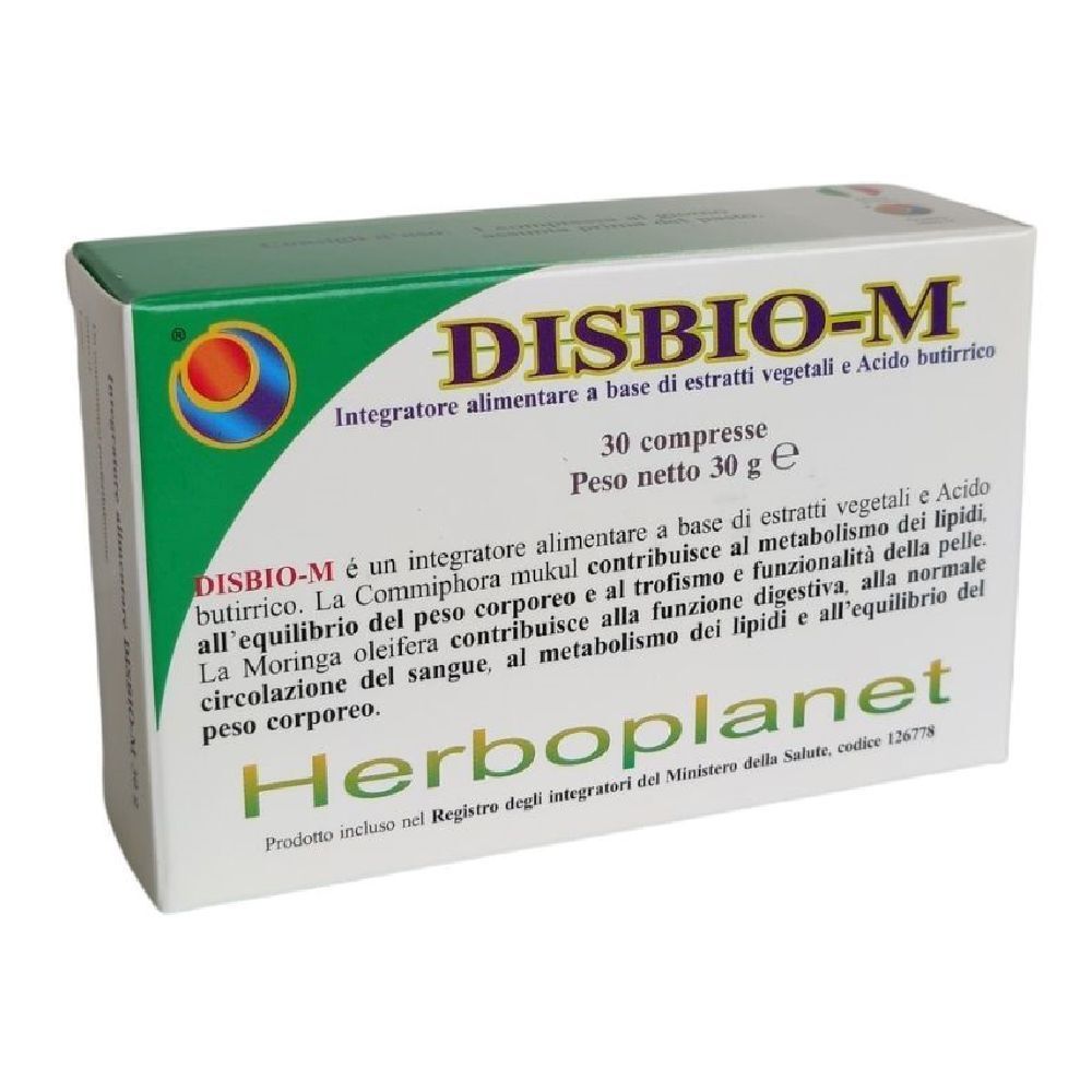 Schachtel mit "DISBIO-M"-Aufdruck. Enthält 30 Tabletten. Text auf Italienisch. Marke: Herboplanet.