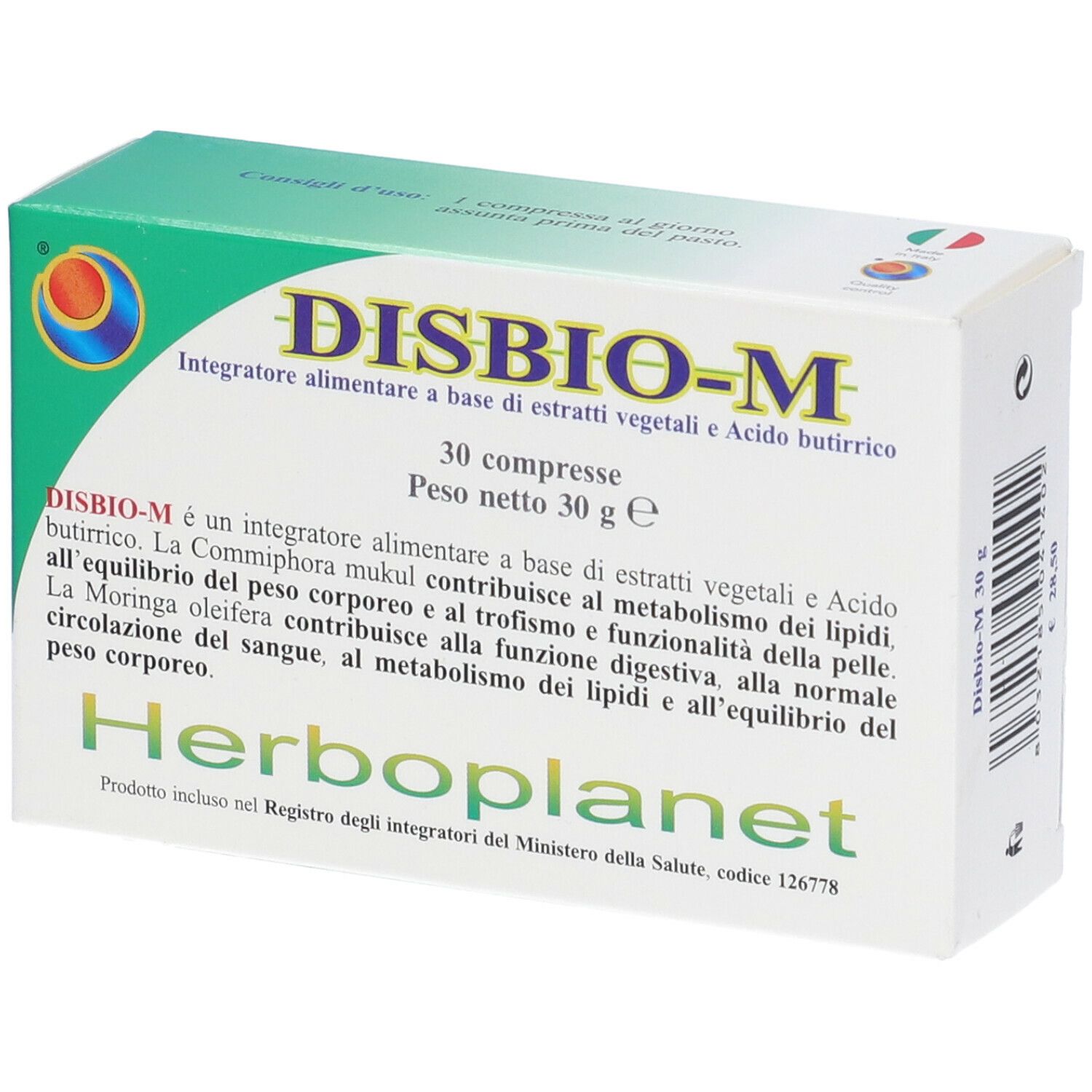 Schachtel "DISBIO-M" mit 30 Tabletten. Text auf Italienisch. Marke: Herboplanet. Perspektivische Ansicht.