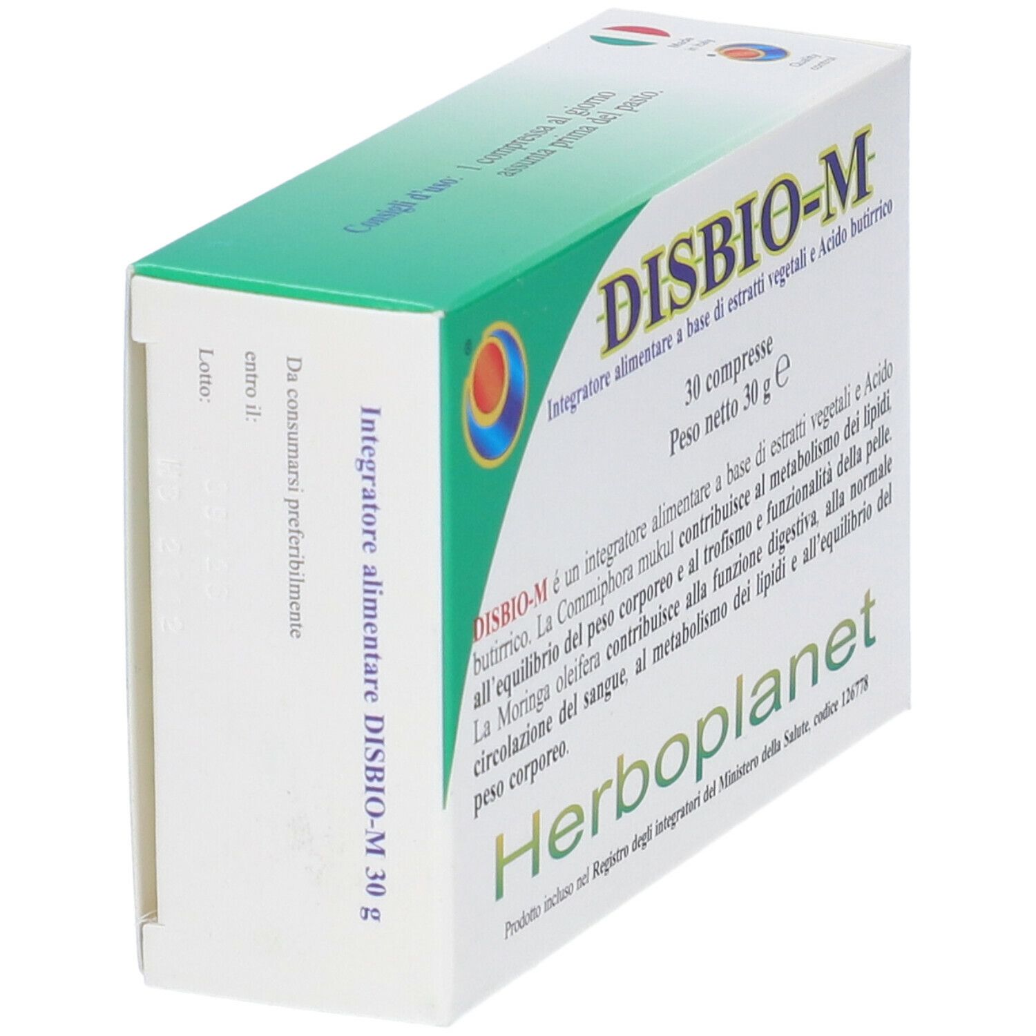 Schachtel "DISBIO-M" mit 30 Tabletten. Text auf Italienisch. Marke: Herboplanet. Perspektivische Ansicht.