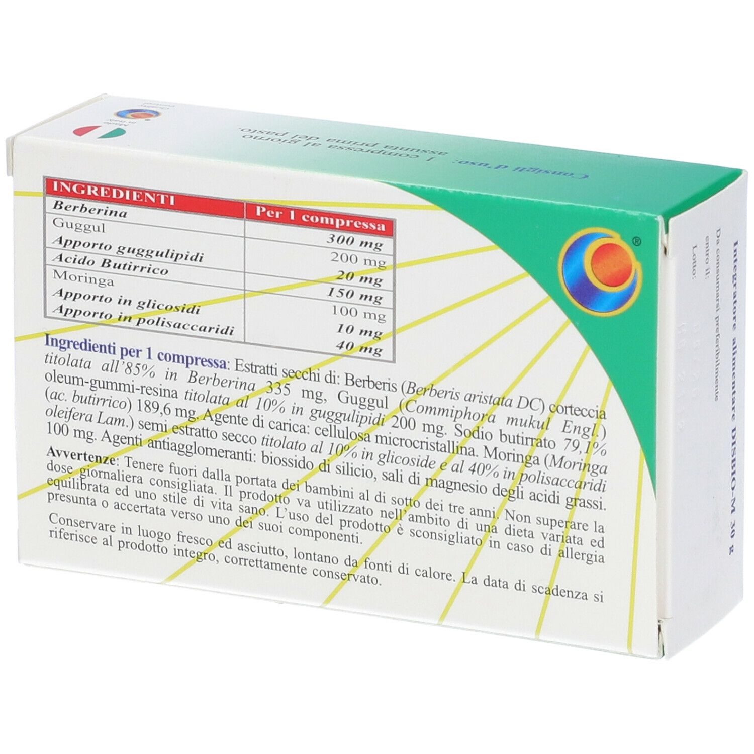 Rückseite der Schachtel "DISBIO-M". Enthält Inhaltsstoffe und Nährwertangaben. Text auf Italienisch.