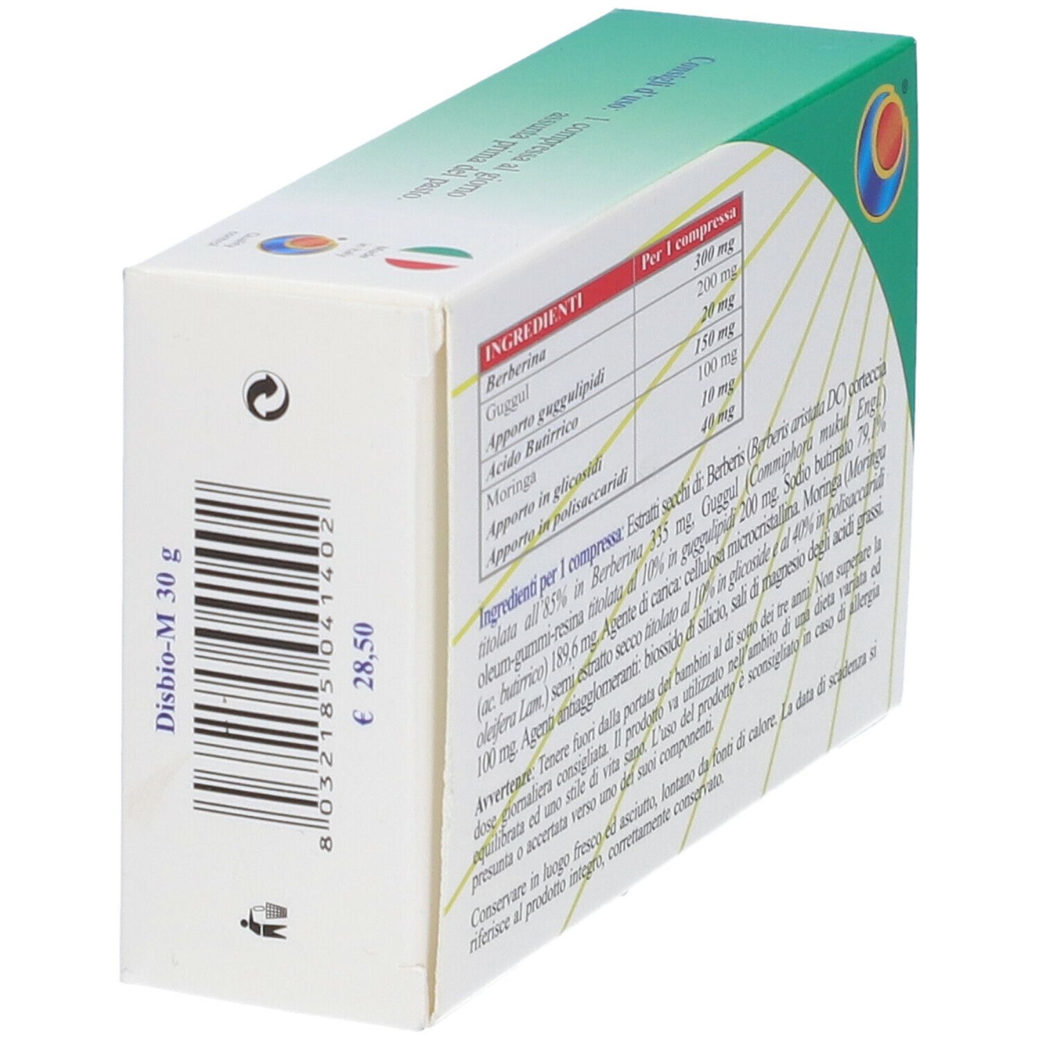 Schachtel "DISBIO-M" mit Barcode und Preis. Text auf Italienisch. Marke: Herboplanet.