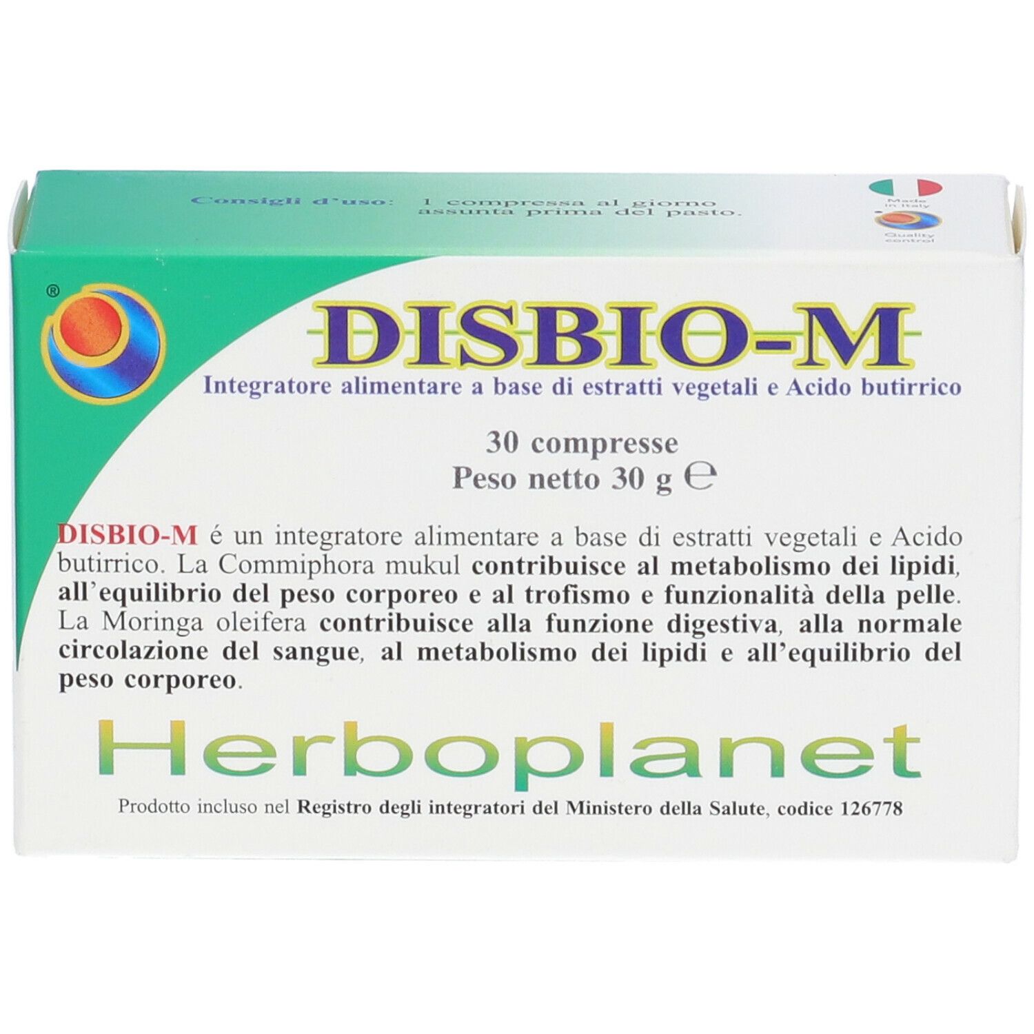 Schachtel "DISBIO-M" mit 30 Tabletten. Text auf Italienisch. Marke: Herboplanet.