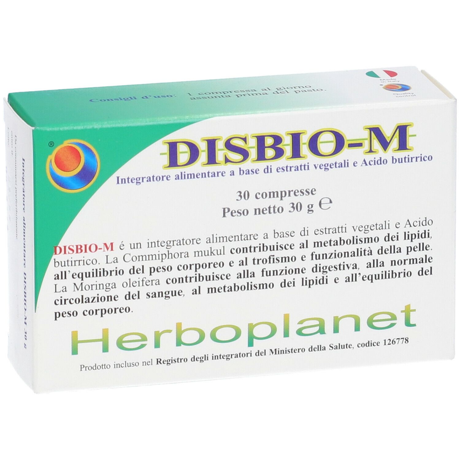 Schachtel "DISBIO-M" mit 30 Tabletten. Text auf Italienisch. Marke: Herboplanet.