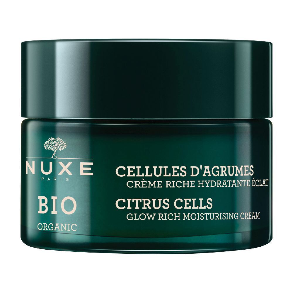 Grüne Creme-Dose mit Deckel. Aufschrift: NUXE BIO, CELLULES D'AGRUMES, CITRUS CELLS, GLOW RICH MOISTURISING CREAM.