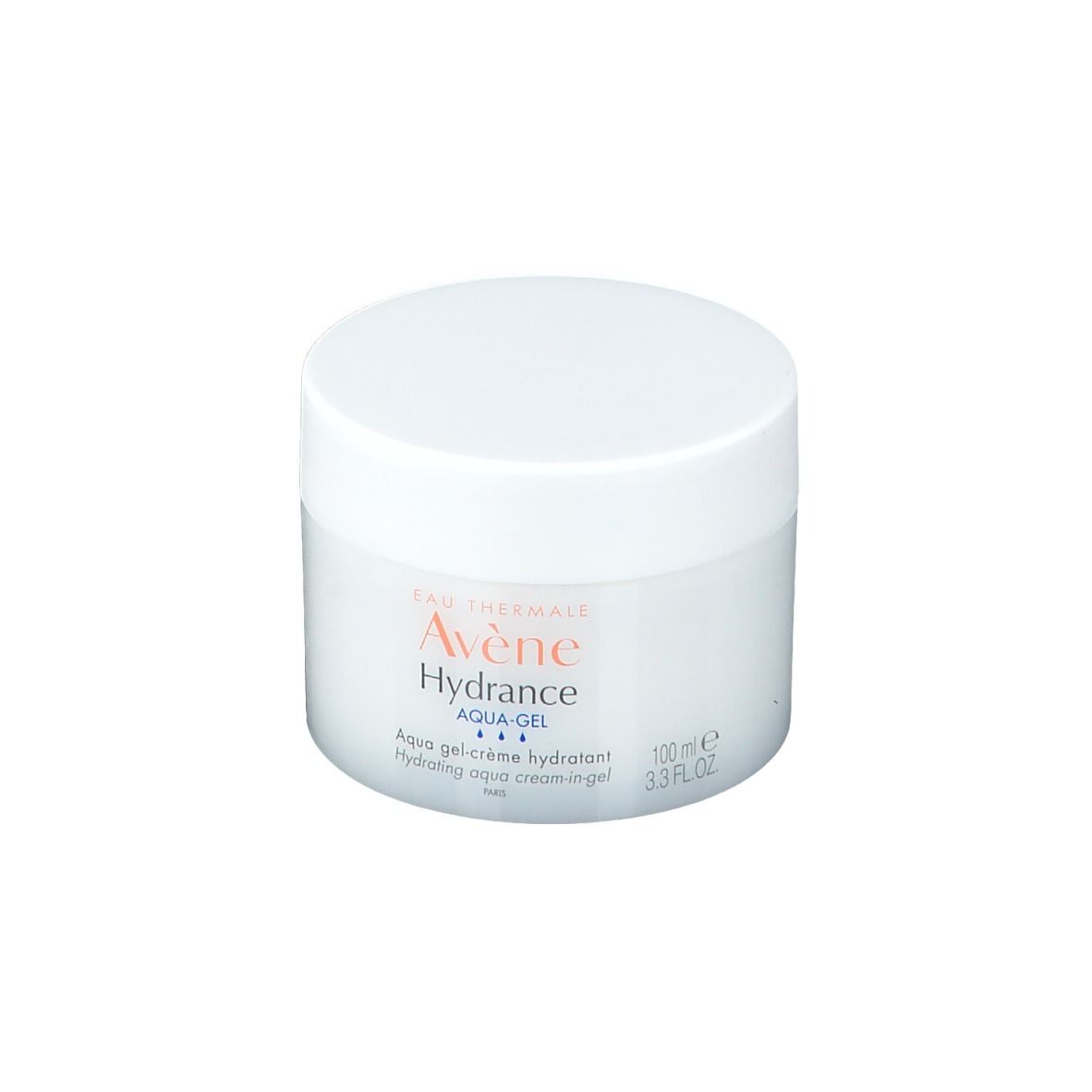 Pot blanc avec couvercle. Inscription: Avène Hydrance Aqua Gel.