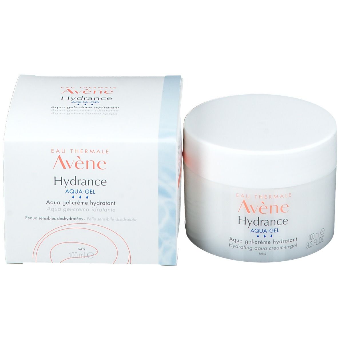 Pot et boîte blancs. Inscription: Avène Hydrance Aqua Gel.