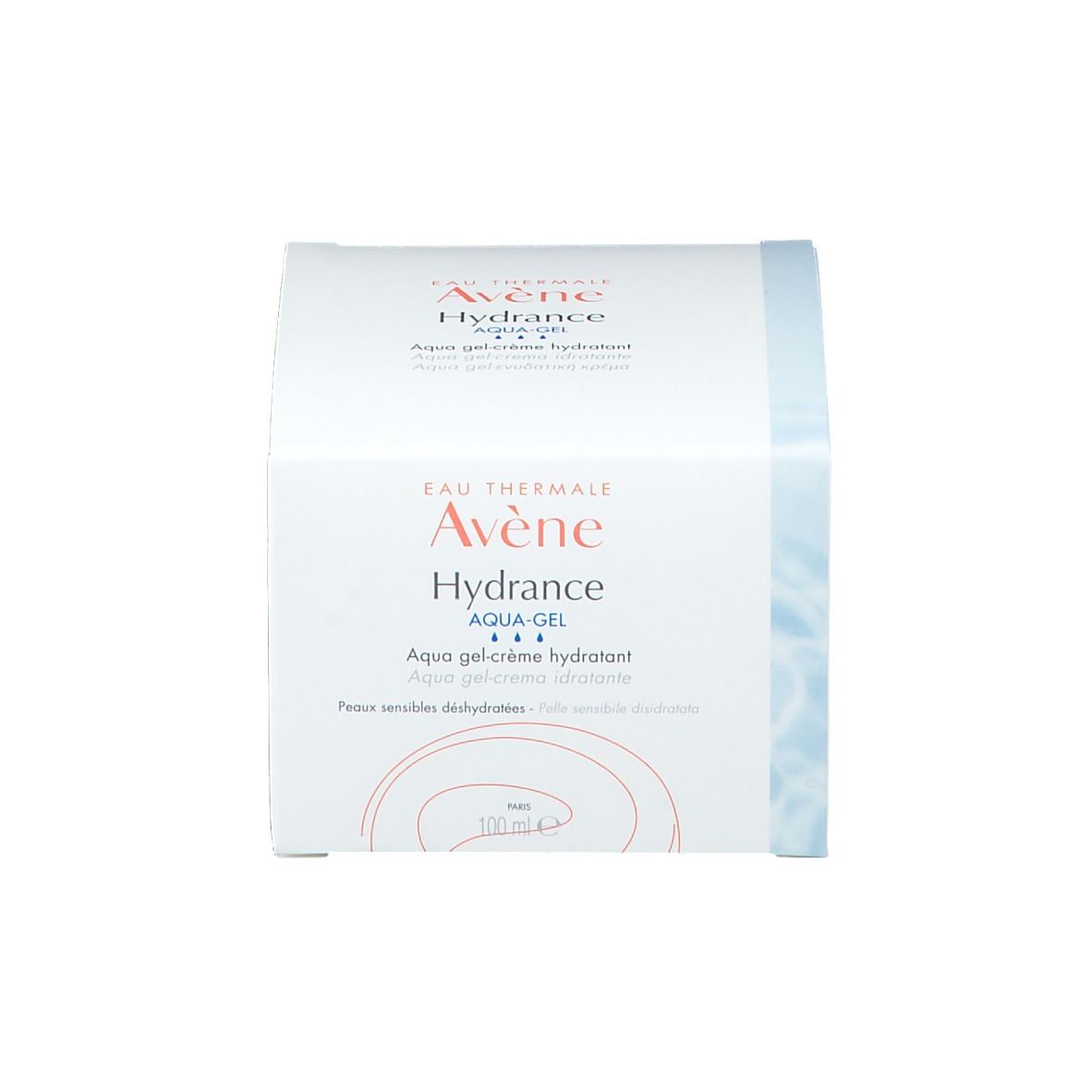 Boîte blanche. Inscription: Avène Hydrance Aqua Gel.