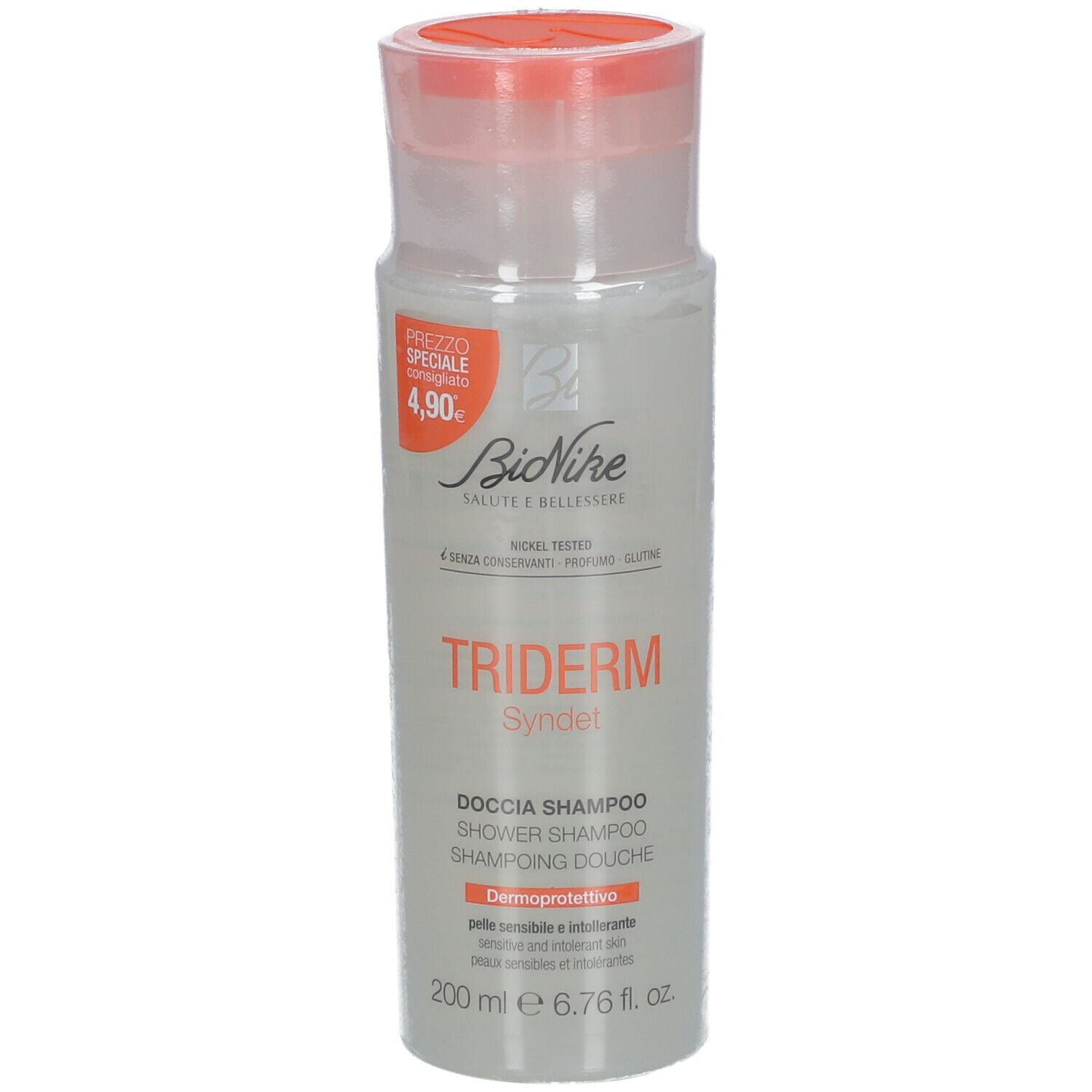 Bionike Triderm Dusch-Shampoo. Flasche mit orangefarbenem Deckel. Aufschrift: Triderm, Dusch-Shampoo, 200 ml.