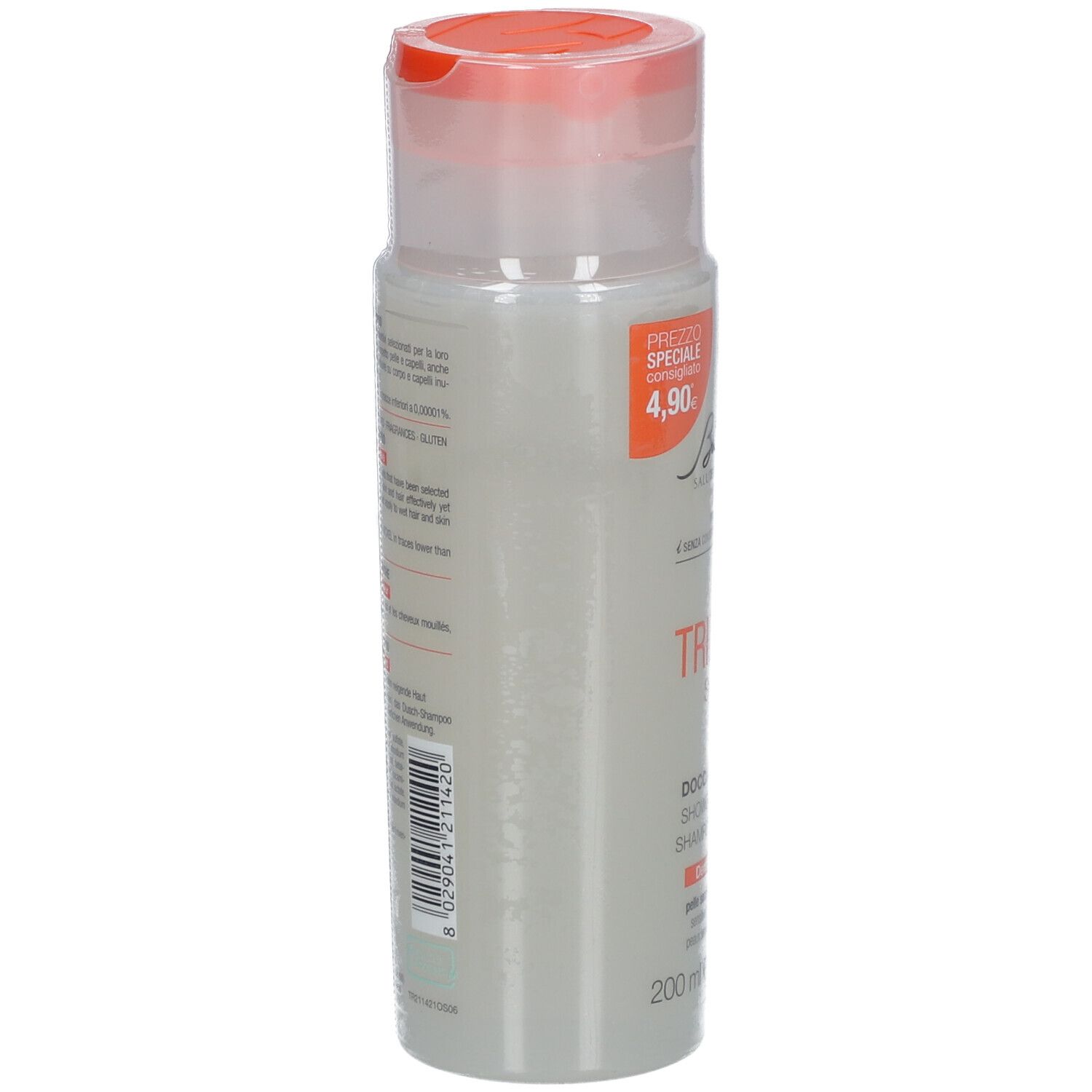 Bionike Triderm Dusch-Shampoo. Rückseite der Flasche. Text in mehreren Sprachen. 200 ml.