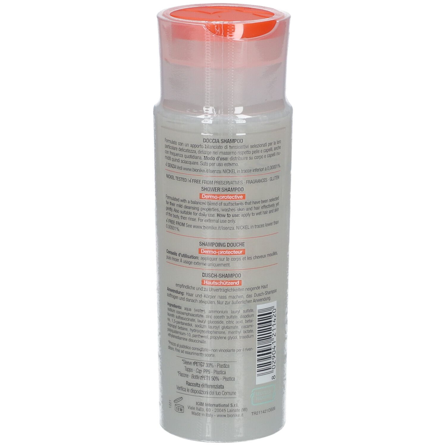 Bionike Triderm Dusch-Shampoo. Rückseite der Flasche. Text in mehreren Sprachen. 200 ml.