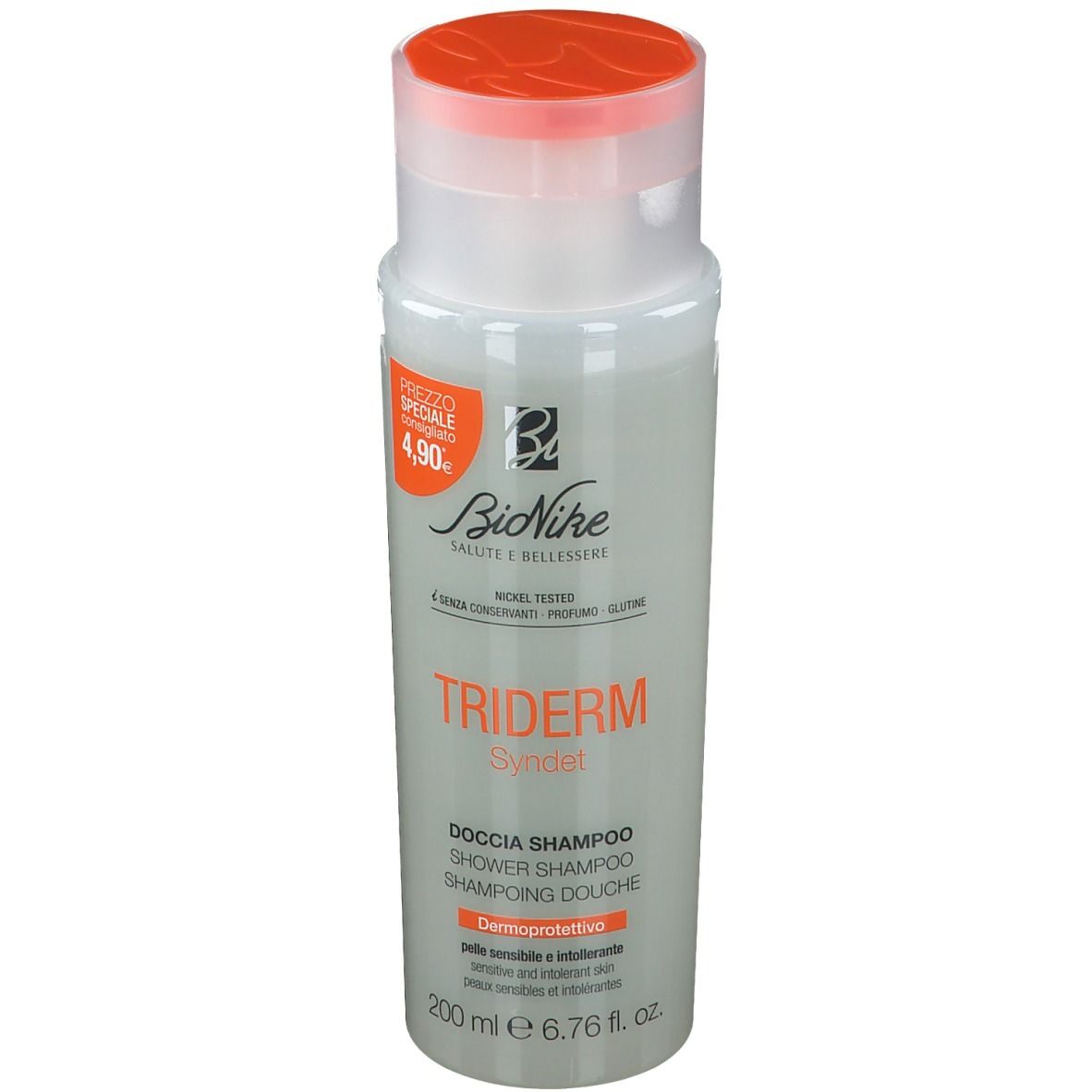 Bionike Triderm Dusch-Shampoo. Flasche mit orangefarbenem Deckel. Aufschrift: Triderm, Dusch-Shampoo, 200 ml.