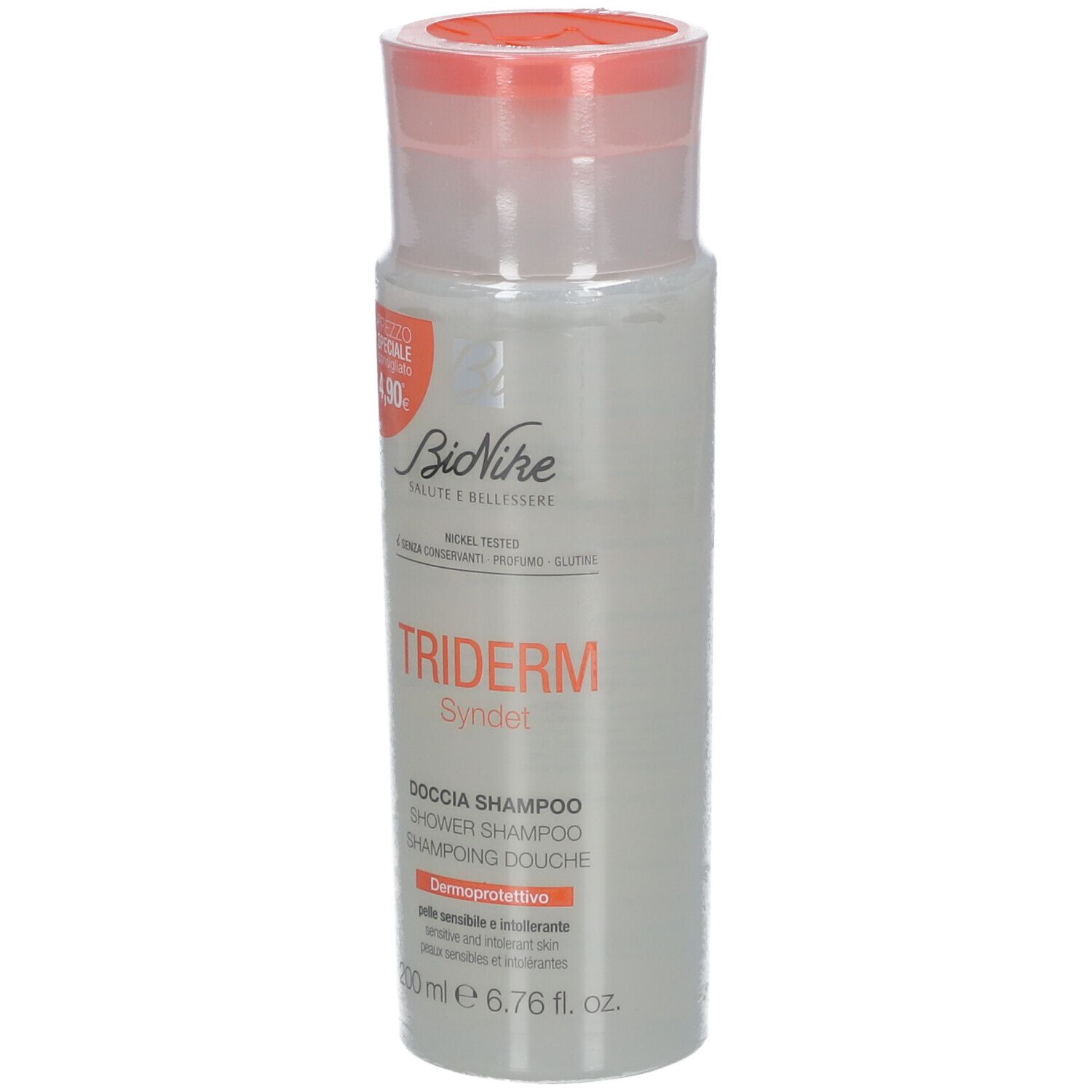Bionike Triderm Dusch-Shampoo. Flasche mit orangefarbenem Deckel. Aufschrift: Triderm, Dusch-Shampoo, 200 ml.