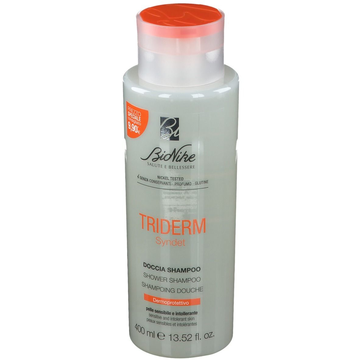 Bionike Triderm Dusch-Shampoo. Flasche mit orangefarbenem Deckel. Aufkleber mit Preis und Produktinformationen.