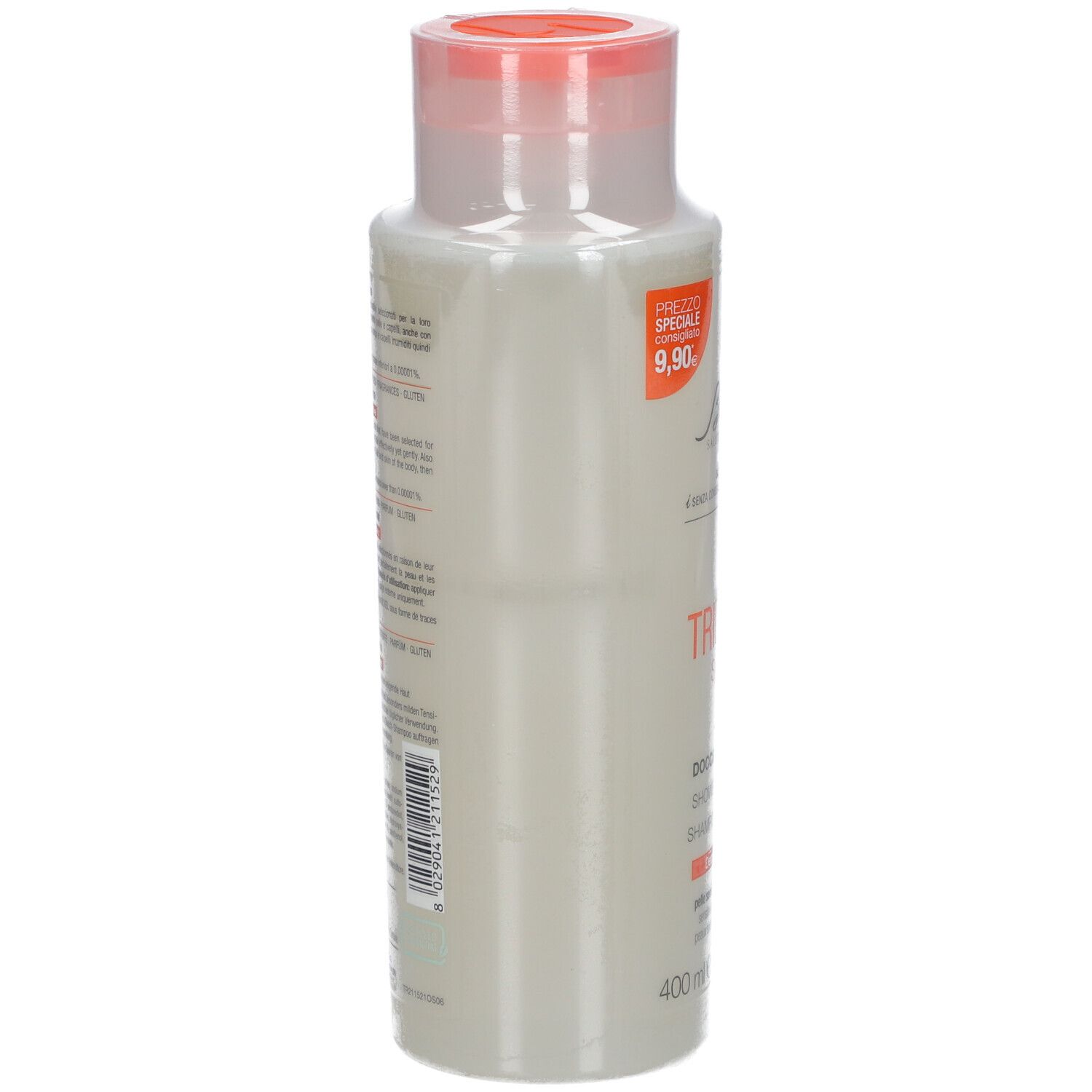 Bionike Triderm Dusch-Shampoo. Rückseite der Flasche mit Produktinformationen und Barcode.