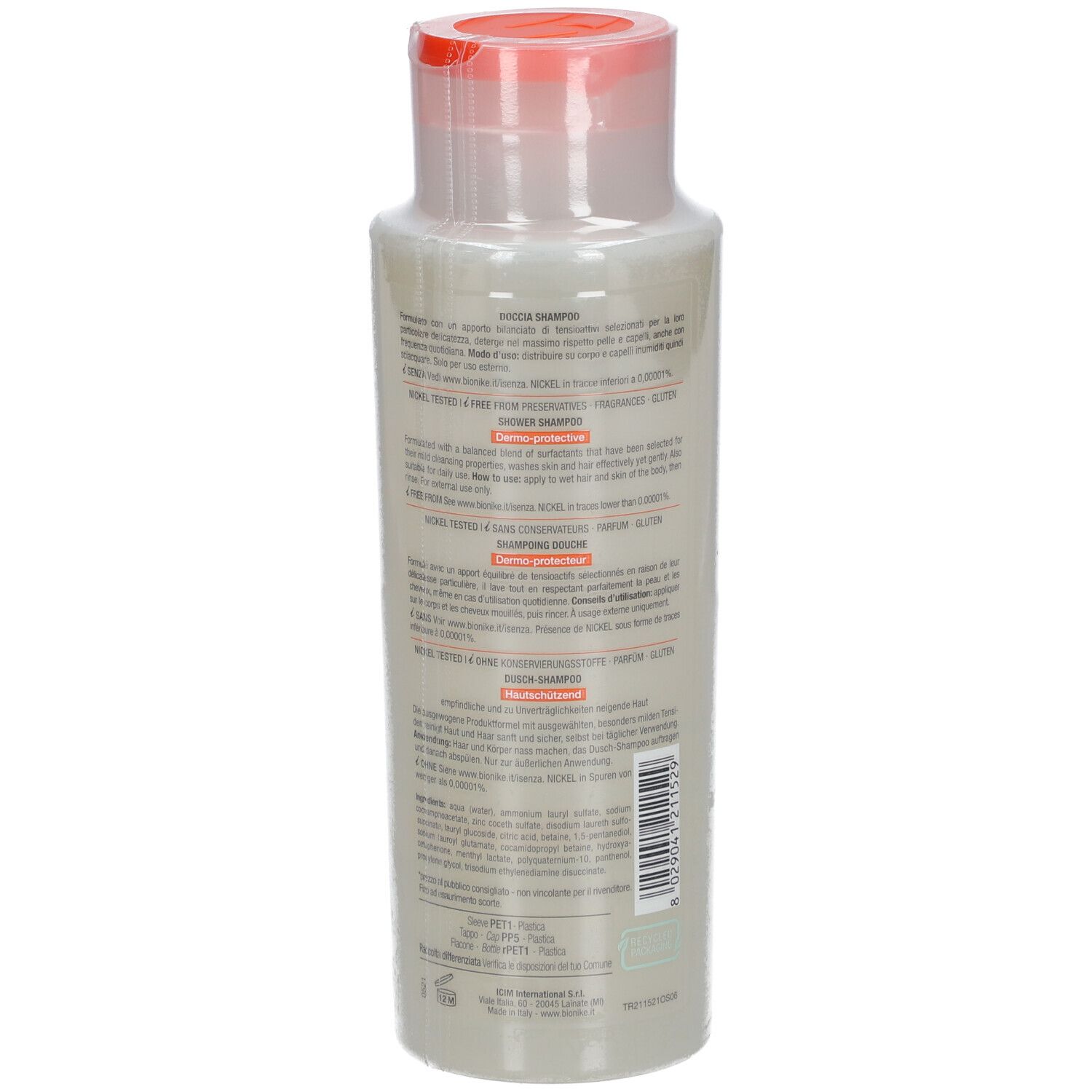 Bionike Triderm Dusch-Shampoo. Rückseite der Flasche mit Produktinformationen und Text.