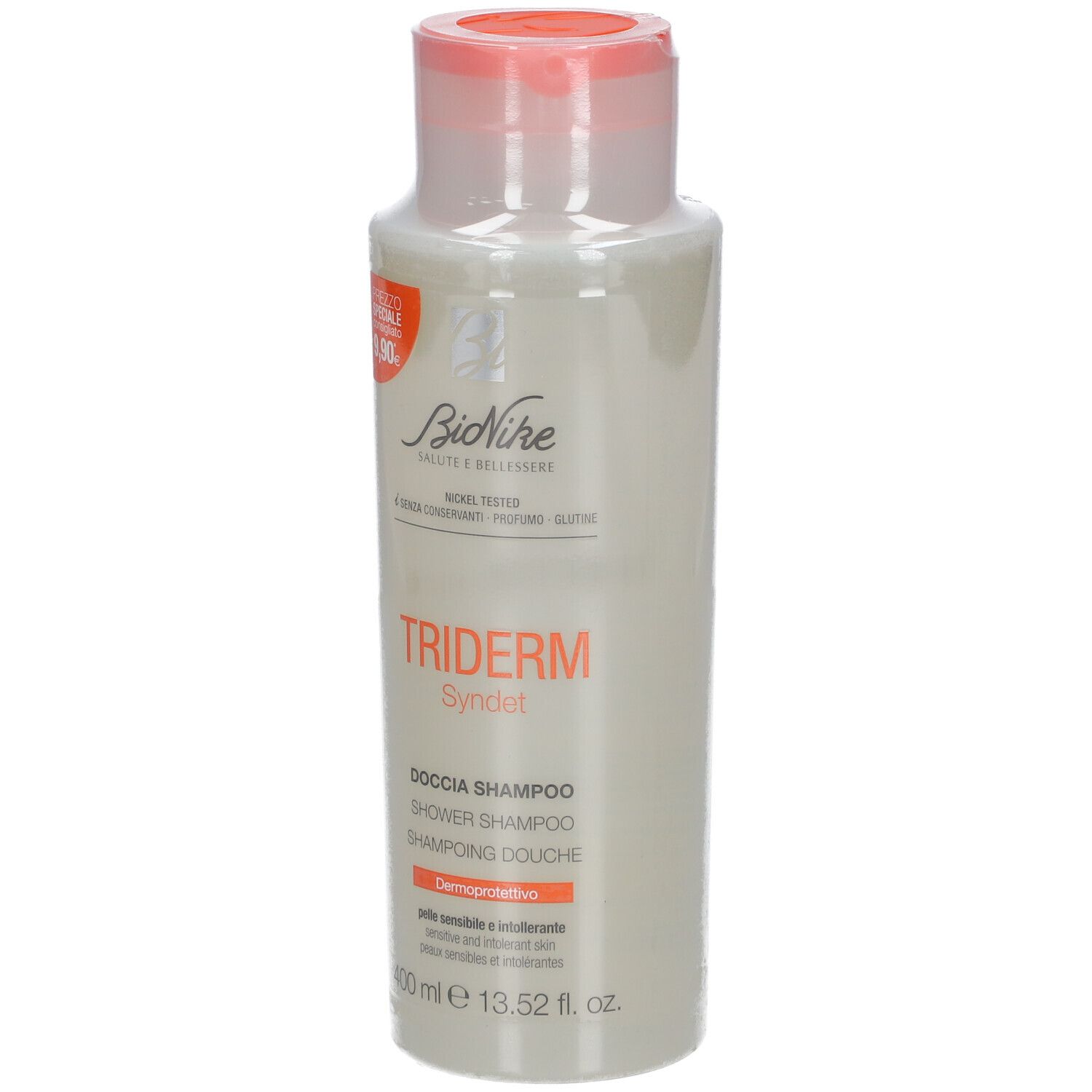 Bionike Triderm Dusch-Shampoo. Flasche mit orangefarbenem Deckel. Aufkleber mit Preis und Produktinformationen.