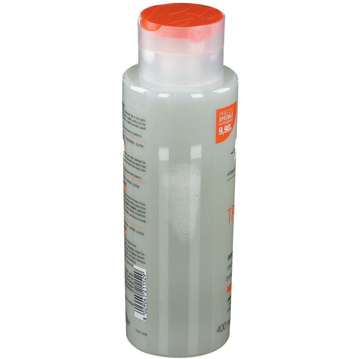 Bionike Triderm Dusch-Shampoo. Flasche mit orangefarbenem Deckel. Produktinformationen auf der Seite.