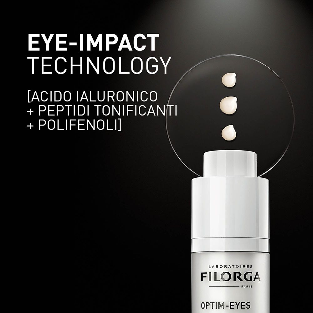 Produit avec gouttes. Texte: EYE-IMPACT TECHNOLOGY. [ACIDO IALURONICO + PEPTIDI TONIFICANTI + POLIFENOLI]. FILORGA OPTIM-EYES.