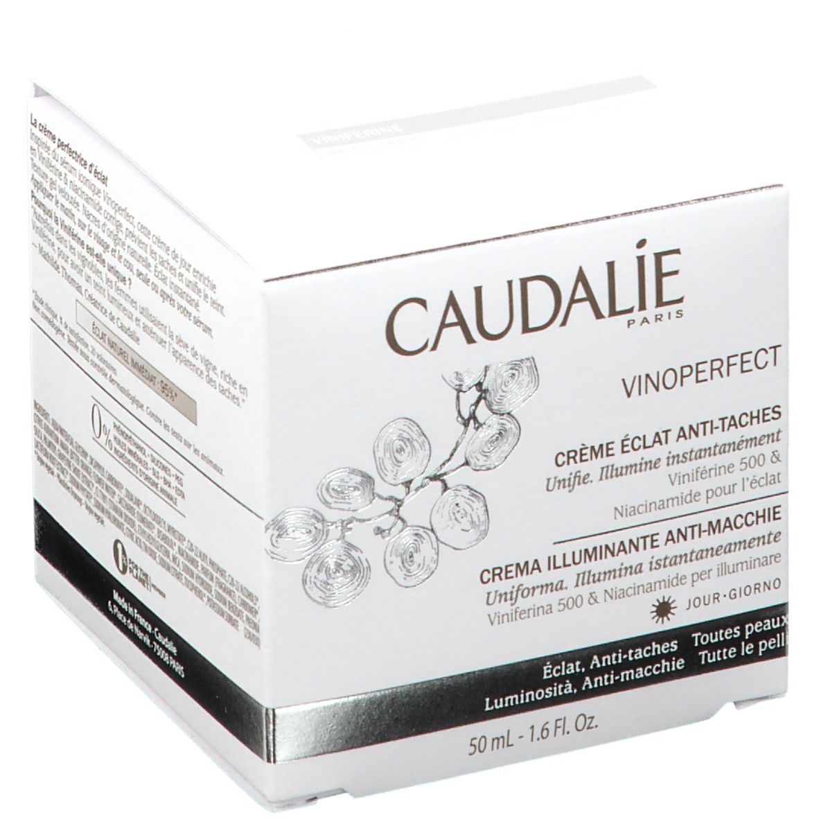 Boîte blanche avec inscription CAUDALIE, VINOPERFECT, Crème Éclat Anti-Taches. Illustration de grappes. 50 ml - 1.6 Fl. Oz.