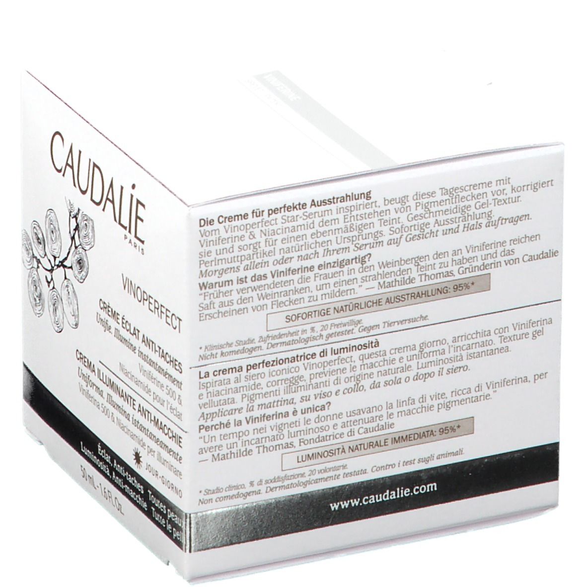 Boîte blanche avec texte. Inscription CAUDALIE, VINOPERFECT, Crème Éclat Anti-Taches. Texte en allemand et italien.