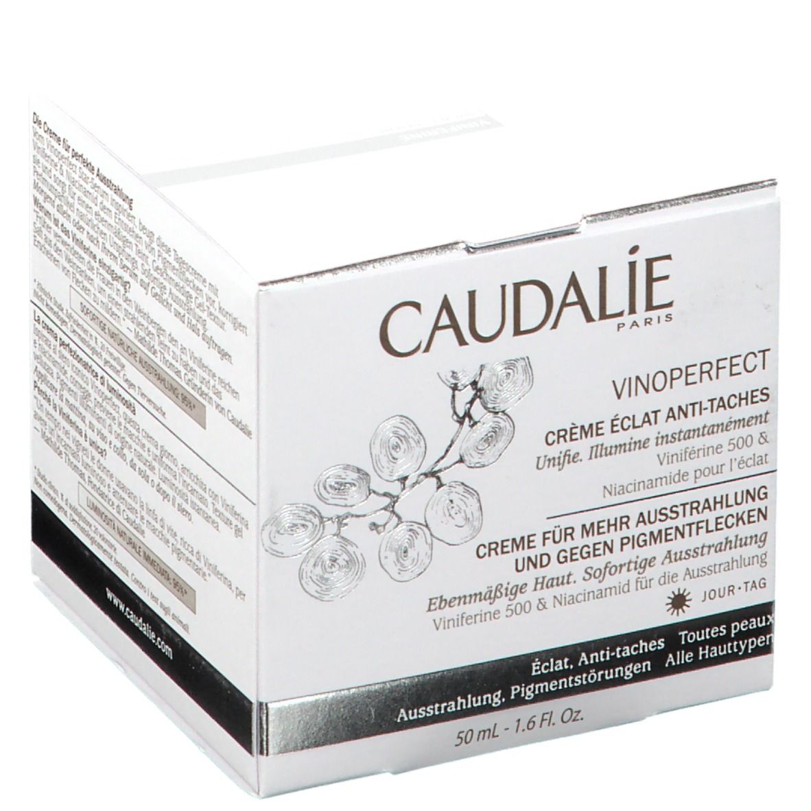 Boîte blanche avec inscription CAUDALIE, VINOPERFECT, Crème Éclat Anti-Taches. Texte en allemand et français. 50 ml - 1.6 Fl. Oz.