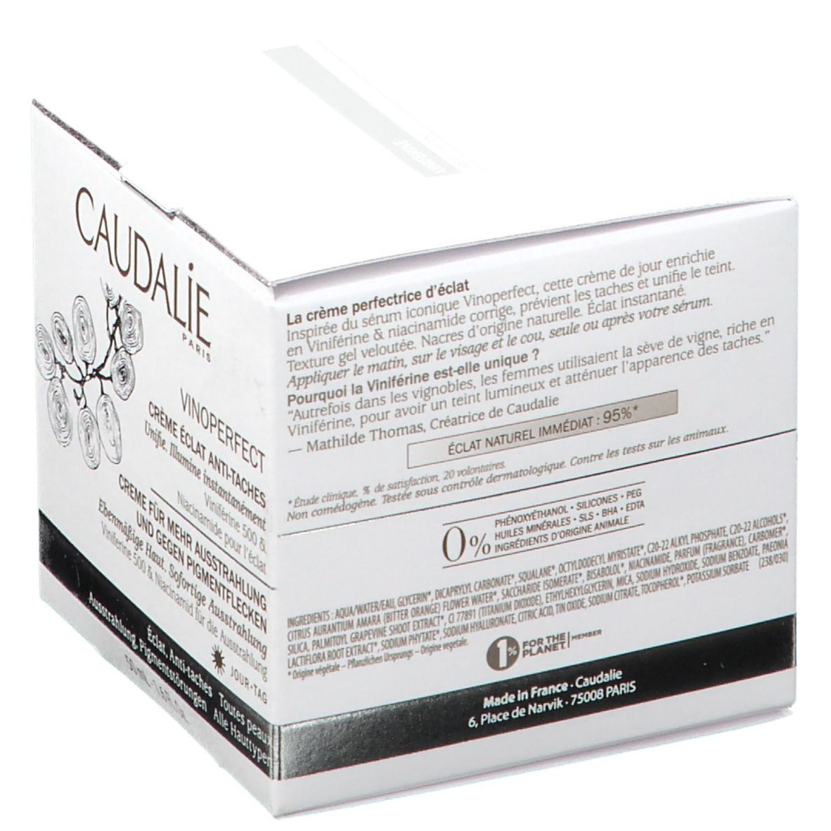 Boîte blanche avec texte. Inscription CAUDALIE, VINOPERFECT, Crème Éclat Anti-Taches. Texte en français. 0% ingrédients d'origine animale.