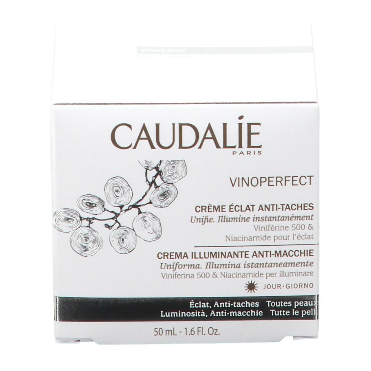 Boîte blanche avec inscription CAUDALIE, VINOPERFECT, Crème Éclat Anti-Taches. 50 ml - 1.6 Fl. Oz. Pour tous types de peaux.