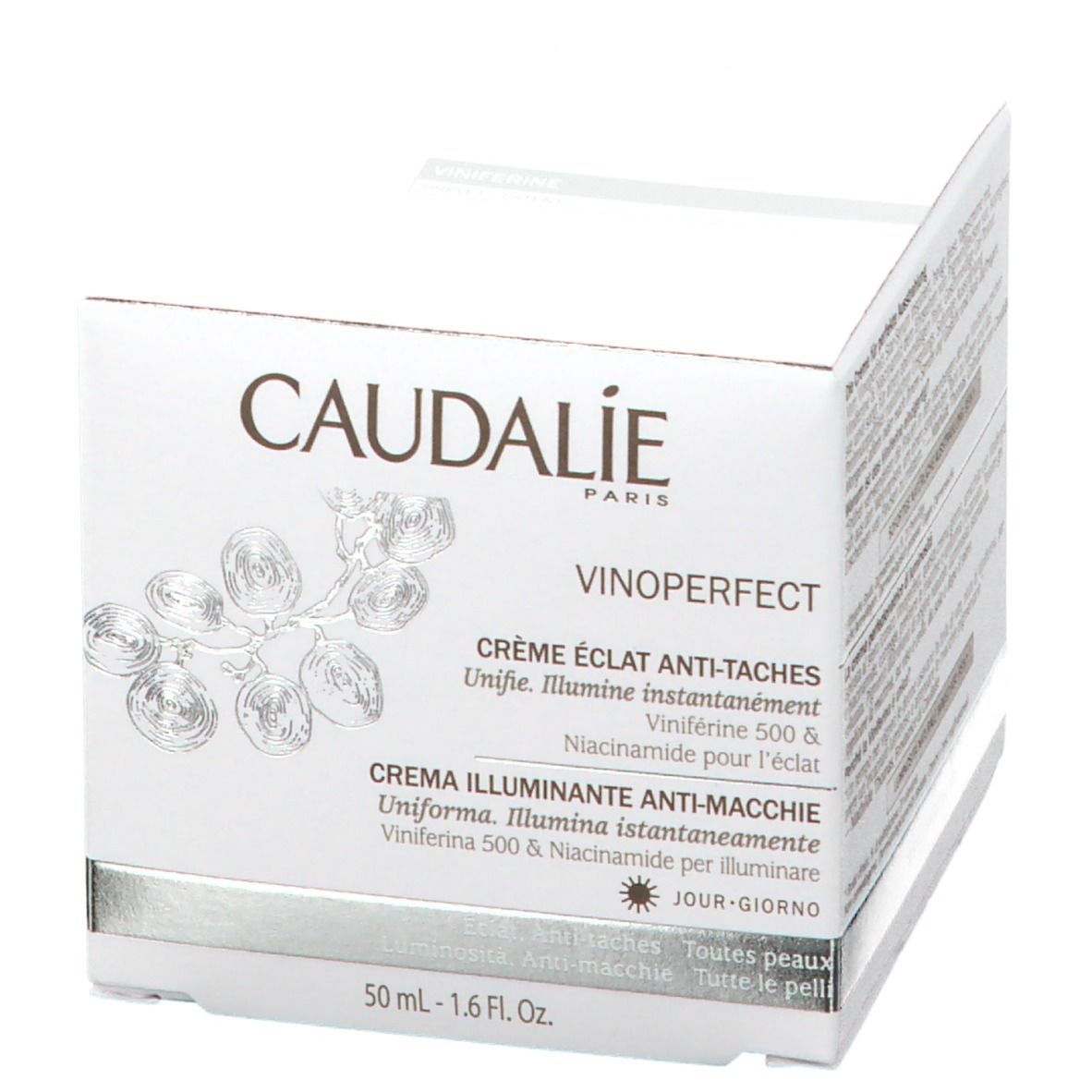 Boîte blanche avec inscription CAUDALIE, VINOPERFECT, Crème Éclat Anti-Taches. 50 ml - 1.6 Fl. Oz. Pour tous types de peaux.