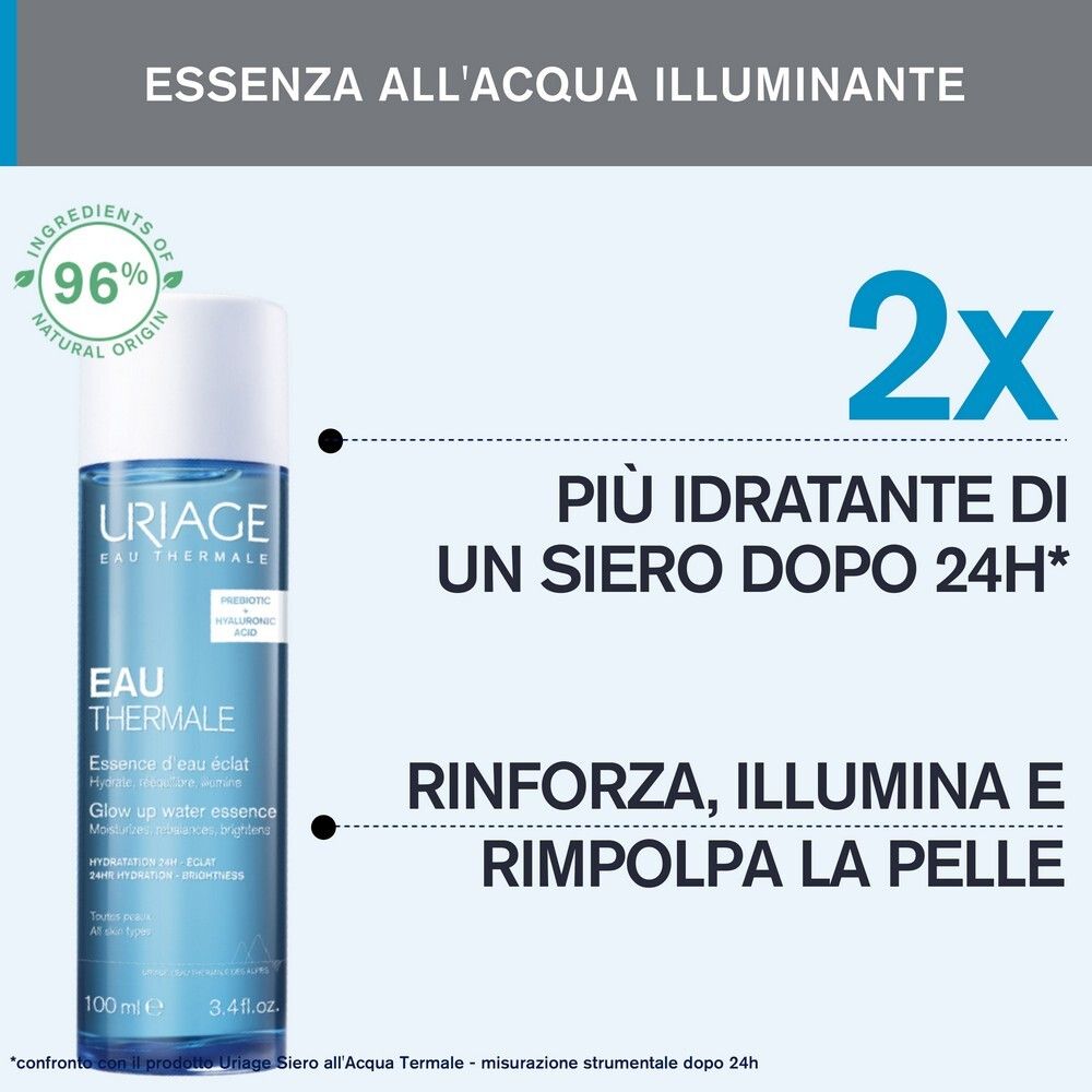 Produkt mit Flasche und Text. Text: Essenz mit aufhellendem Wasser. 2x hydratisierender als ein Serum nach 24 Stunden.