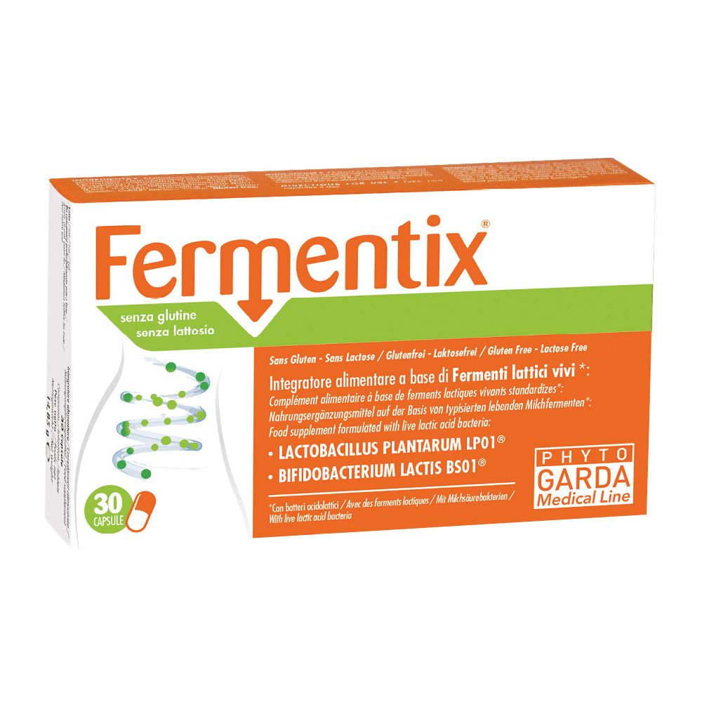Boîte blanche "Fermentix" avec 30 gélules. Texte : "senza glutine senza lattosio". Ingrédients et logo Phyto Garda.