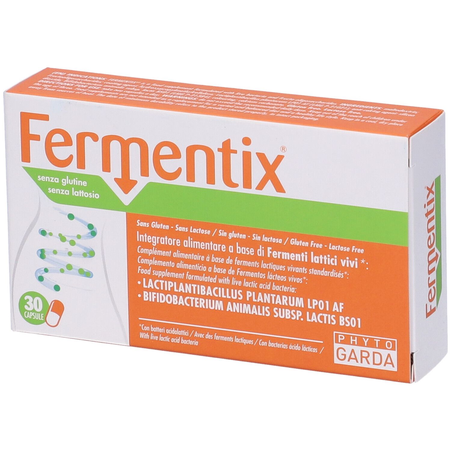 Boîte blanche "Fermentix" avec 30 gélules. Texte : "senza glutine senza lattosio". Ingrédients et logo Phyto Garda.