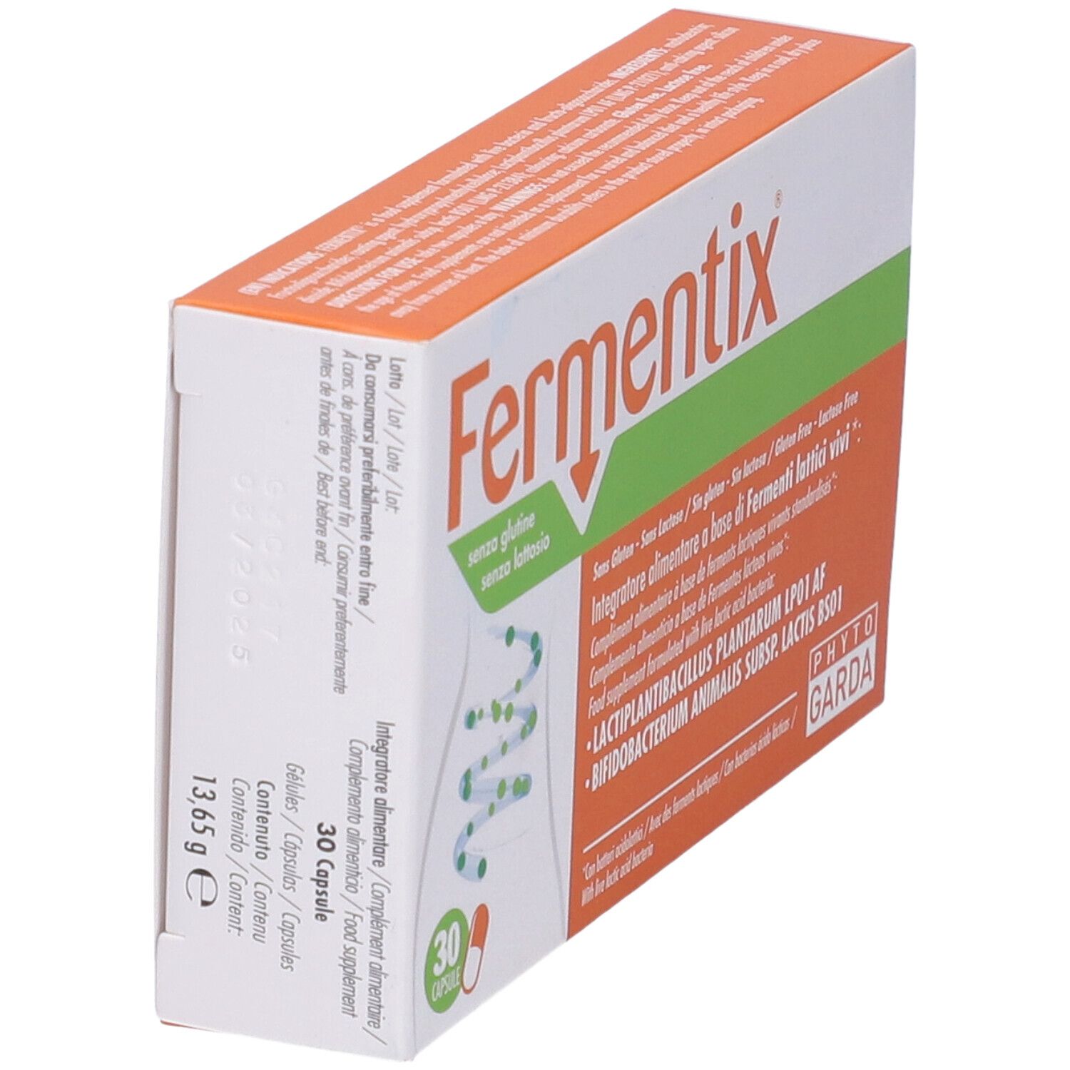 Boîte "Fermentix" avec 30 gélules. Texte : "senza glutine senza lattosio". Ingrédients et logo Phyto Garda.