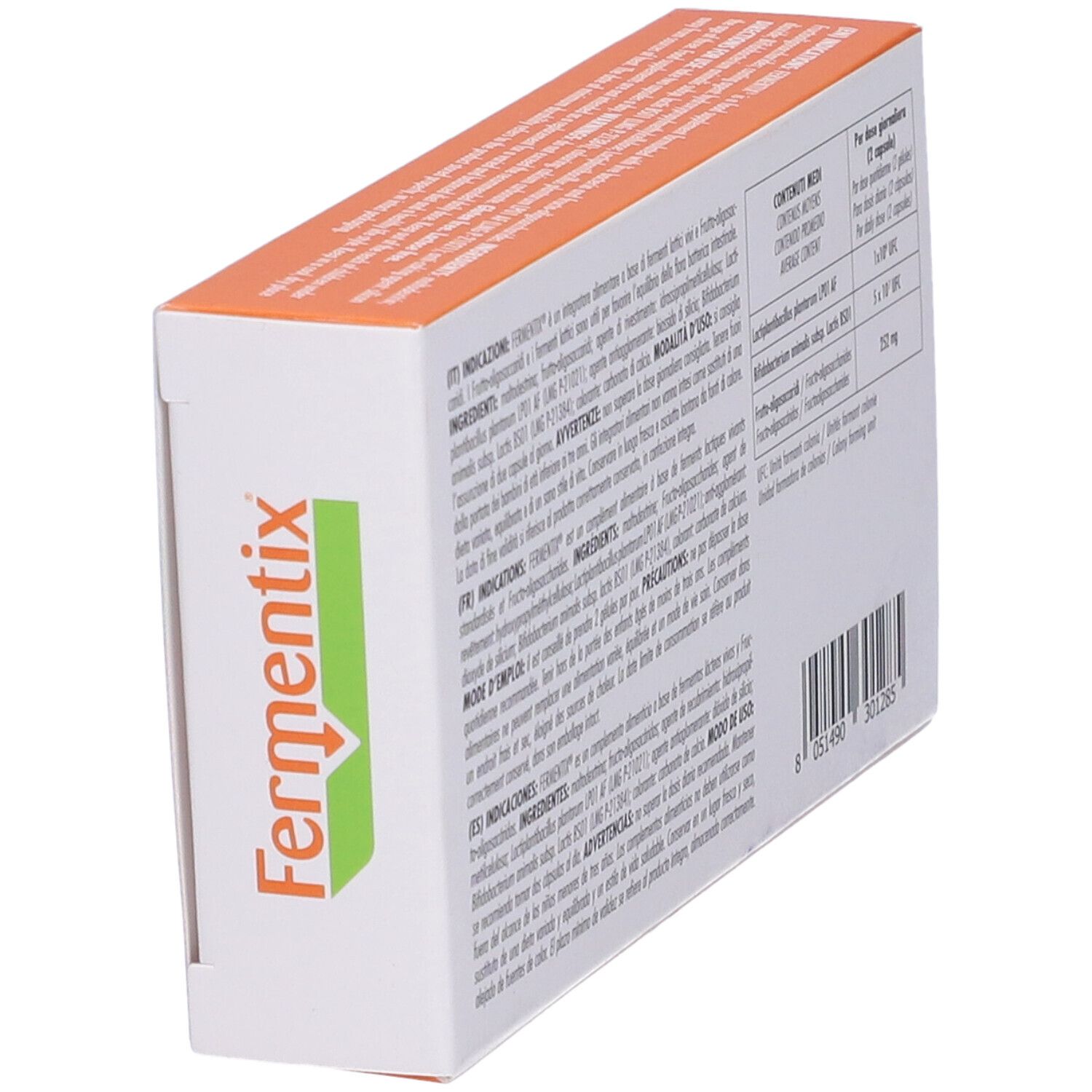 Boîte "Fermentix" avec 30 gélules. Texte : "senza glutine senza lattosio". Ingrédients et logo Phyto Garda.