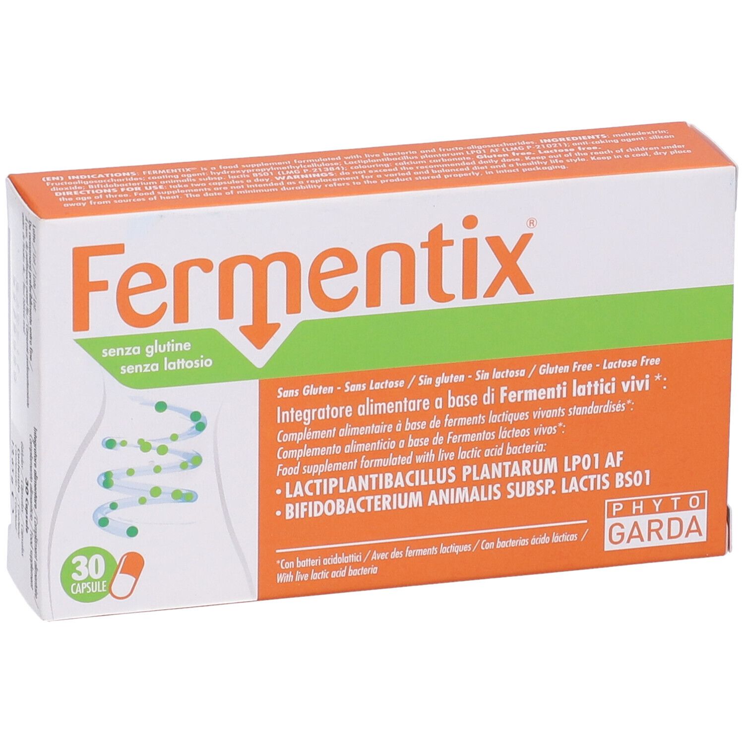 Boîte blanche "Fermentix" avec 30 gélules. Texte : "senza glutine senza lattosio". Ingrédients et logo Phyto Garda.