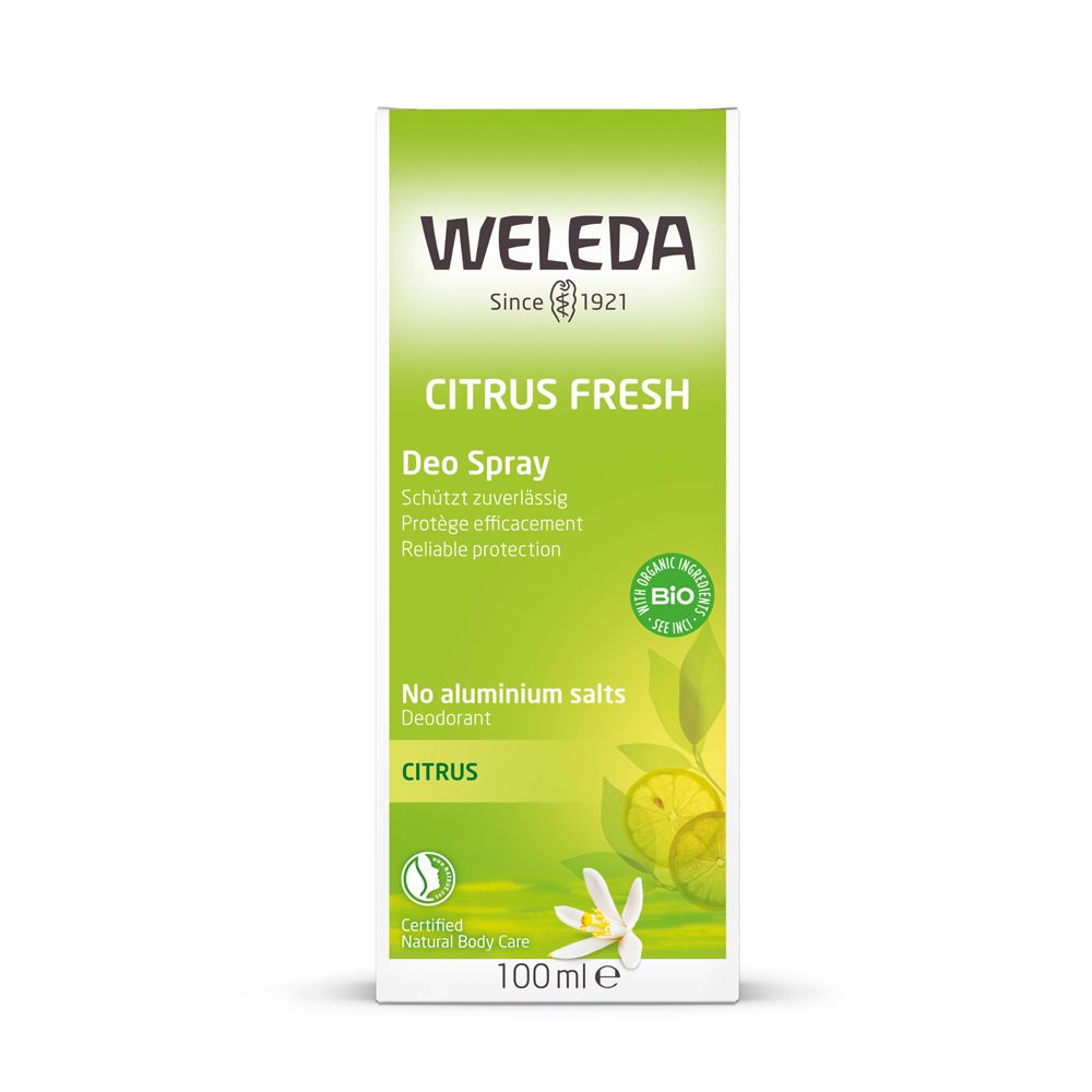 Emballage blanc avec informations produit. "WELEDA Citrus Fresh Deo Spray". Certification bio et logo. 100 ml.
