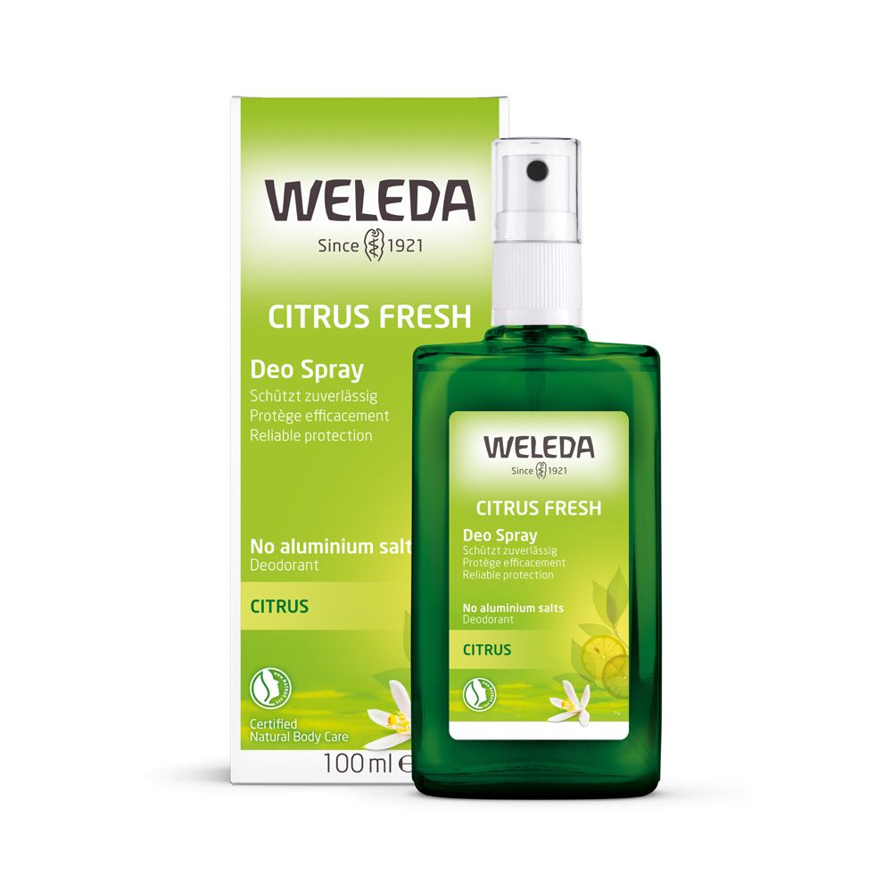 Flacon pulvérisateur vert et emballage. "WELEDA Citrus Fresh Deo Spray". Emballage avec informations et logo. 100 ml.