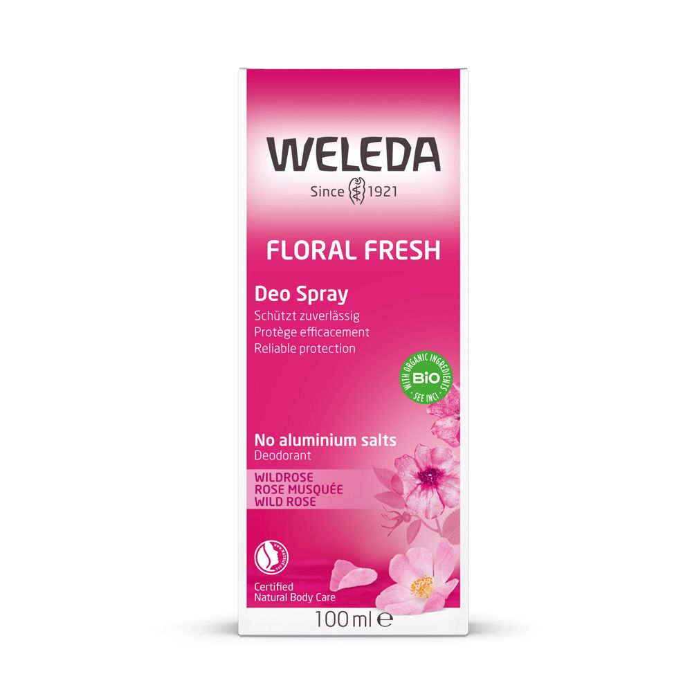 Emballage rectangulaire avec "WELEDA" et "Floral Fresh". Contient des informations et un label bio. Fleurs roses.