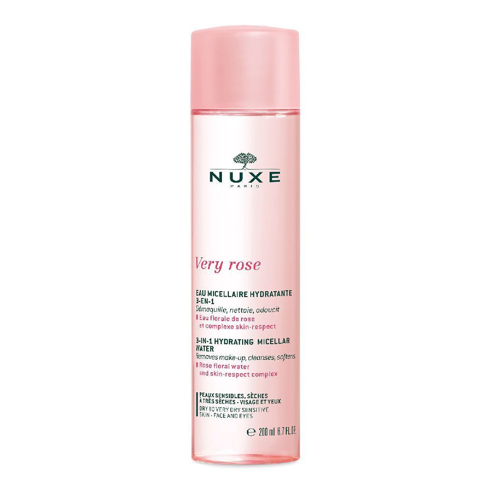 Flacon rose avec bouchon rose. Inscriptions: NUXE, Very rose, Eau micellaire 3-en-1. 200 ml.