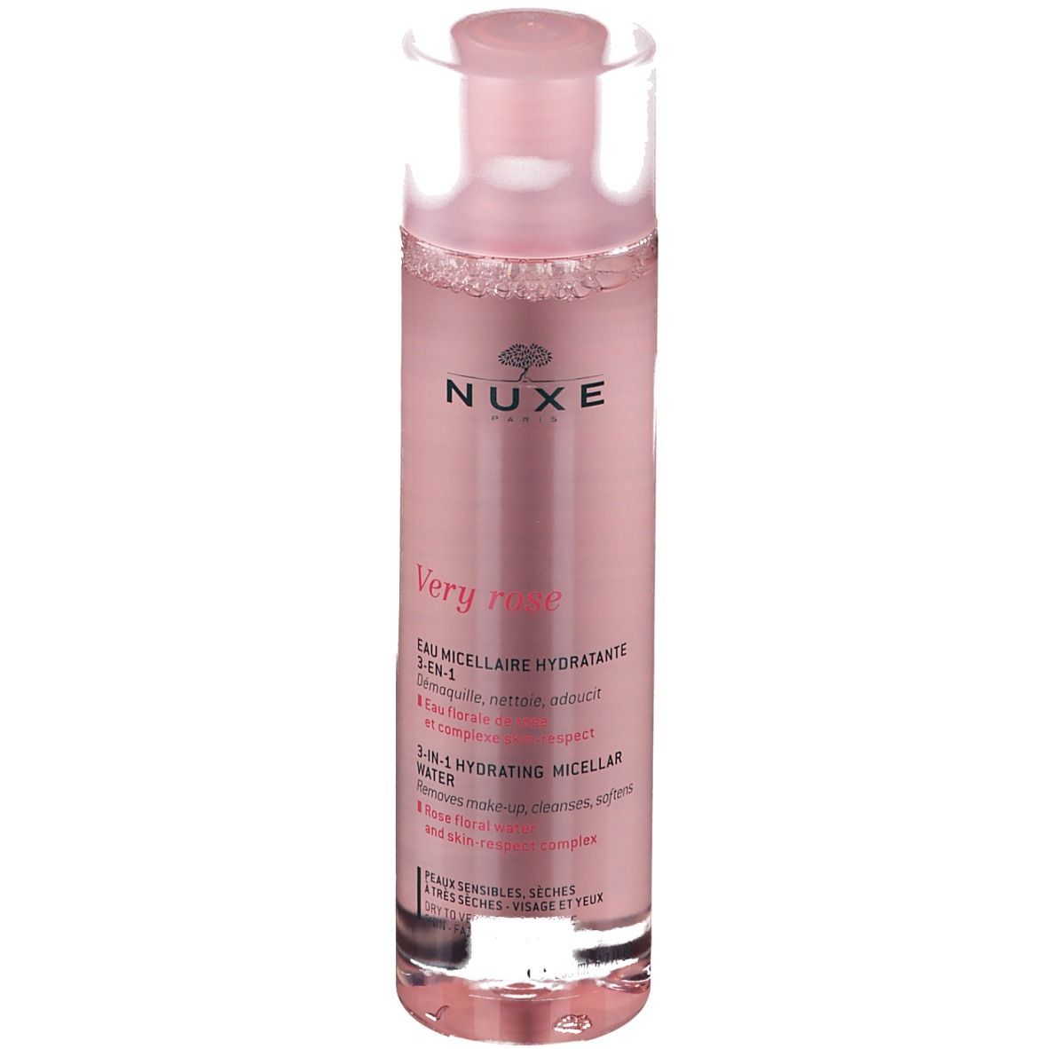 Flacon rose avec bouchon rose. Inscriptions: NUXE, Very rose, Eau micellaire 3-en-1. Fond blanc.