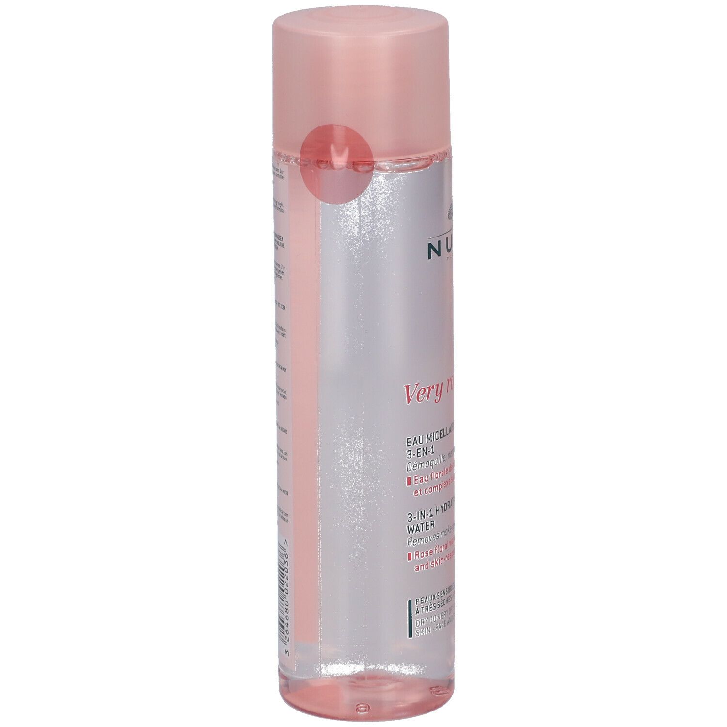 Flacon transparent avec liquide rose et bouchon rose. Inscriptions: NUXE, Very rose, Eau micellaire 3-en-1.