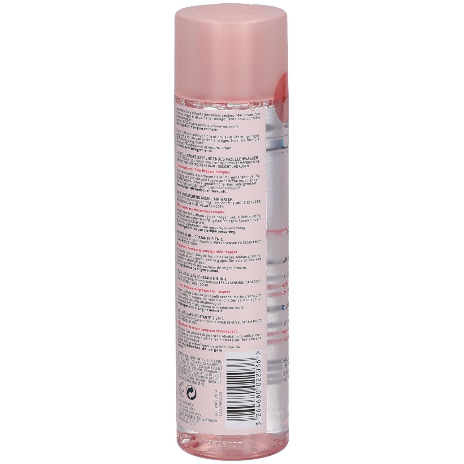 Dos du flacon. Inscriptions: NUXE, Very rose, Eau micellaire 3-en-1. Texte multilingue.