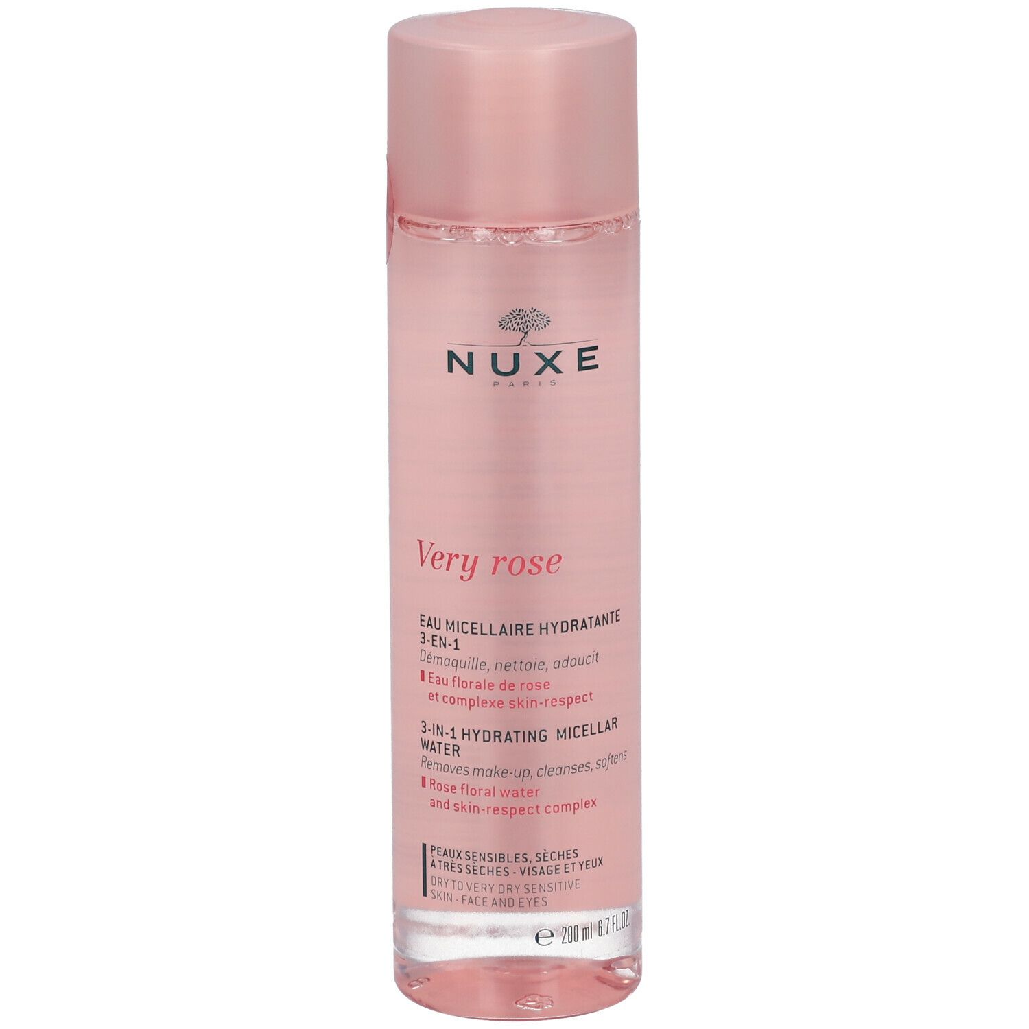 Flacon rose avec bouchon rose. Inscriptions: NUXE, Very rose, Eau micellaire 3-en-1. 200 ml.